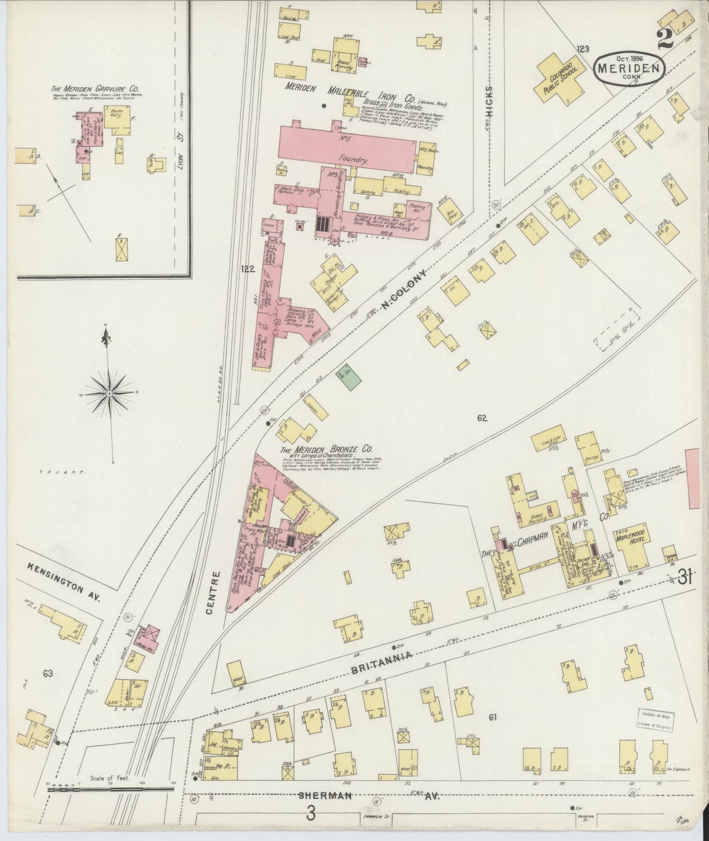 Sanborn Fire Insurance Map from Meriden, New Haven County, Connecticut (1896), Sheet #0002 - Historic Sanborn Fire Insurance Map Print, vintage old map wall art, antique decor, genealogy gift, Connecticut Connecticut map