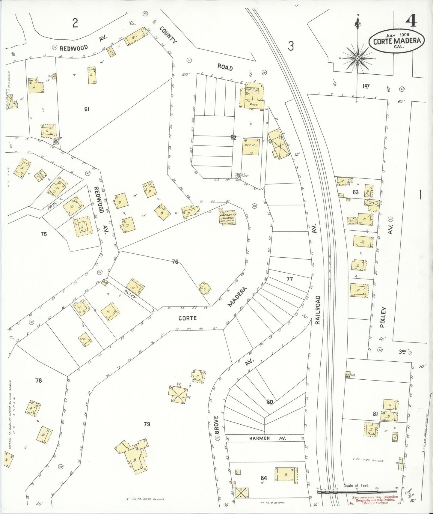 Sanborn Fire Insurance Map from Corte Madera, Marin County, California (1909), Sheet #0004 - Historic Sanborn Fire Insurance Map Print, vintage old map wall art, antique decor, genealogy gift, California California map