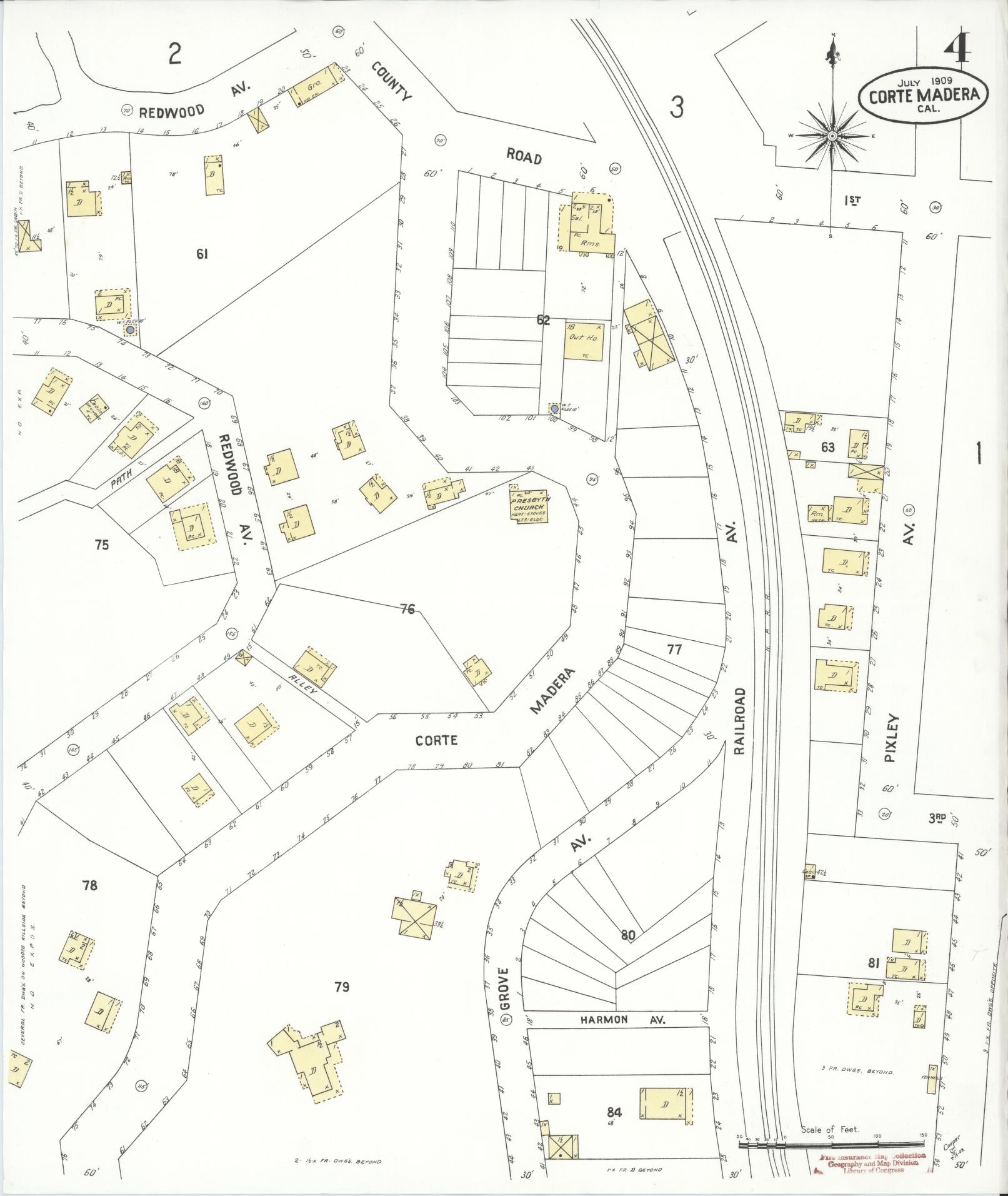 Sanborn Fire Insurance Map from Corte Madera, Marin County, California (1909), Sheet #0004 - Historic Sanborn Fire Insurance Map Print, vintage old map wall art, antique decor, genealogy gift, California California map