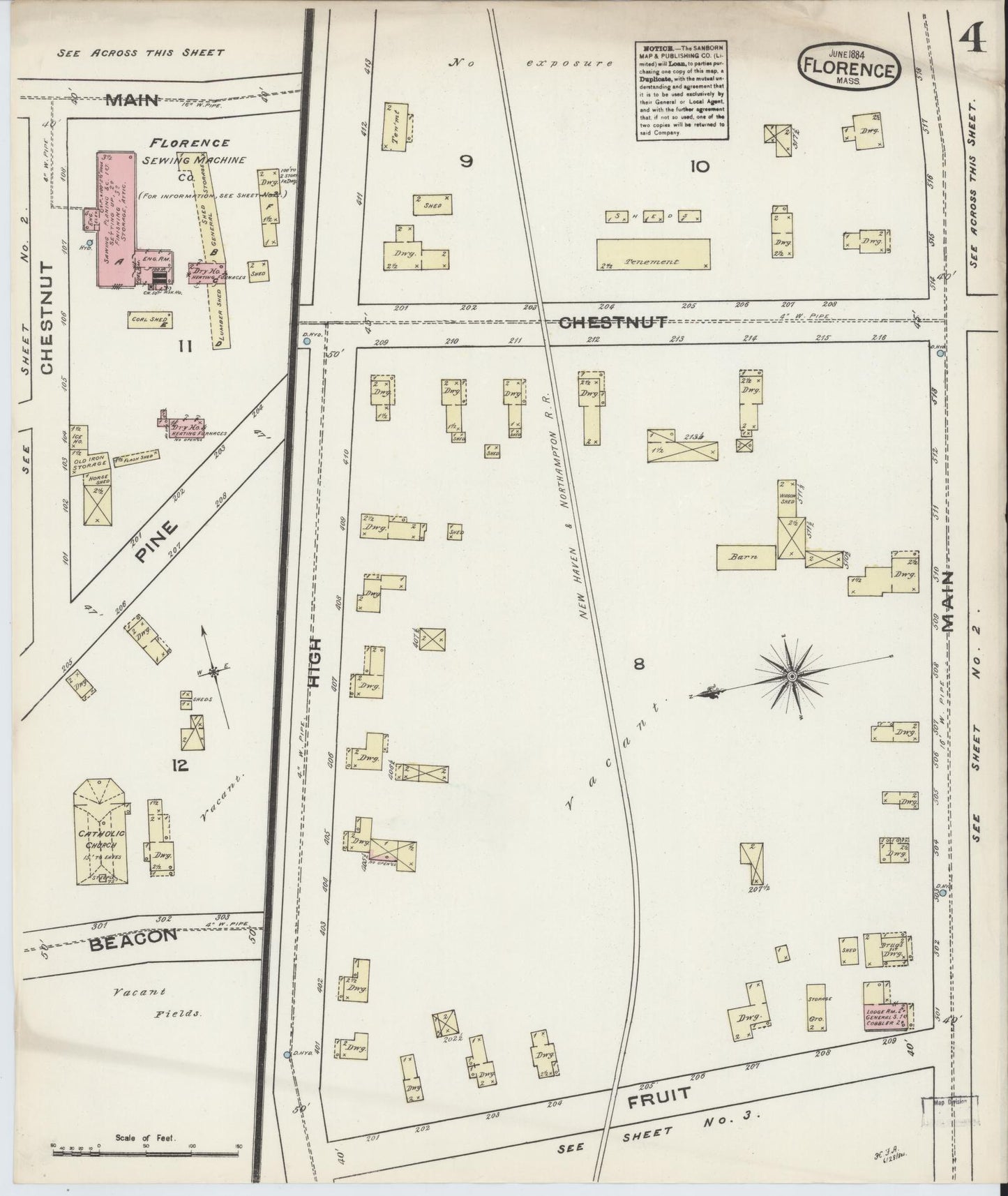Sanborn Fire Insurance Map from Florence, Hampshire County, Massachusetts (1884), Sheet #0004 - Historic Sanborn Fire Insurance Map Print, vintage old map wall art, antique decor, genealogy gift, Massachusetts Massachusetts map