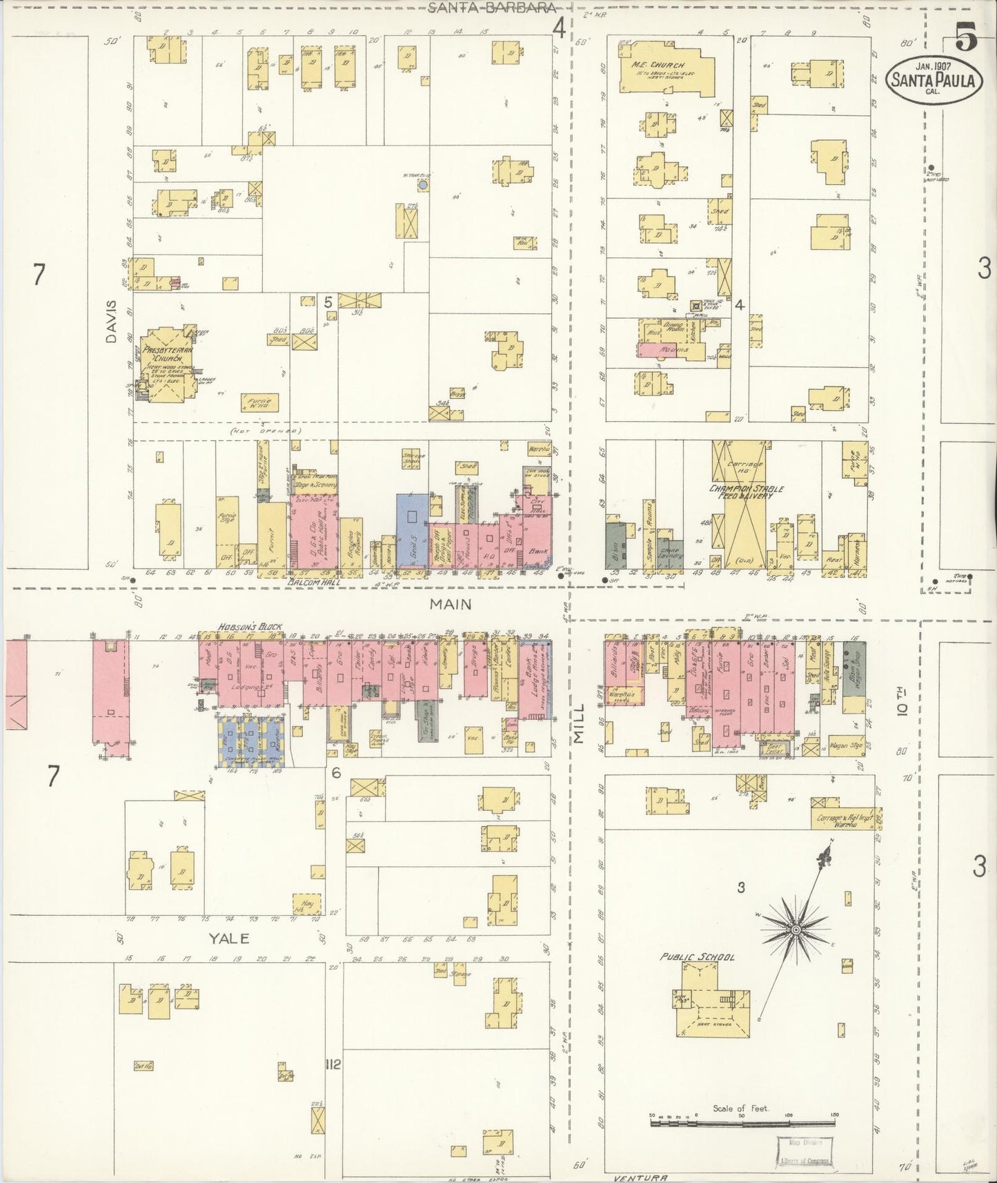 Sanborn Fire Insurance Map from Santa Paula, Ventura County, California (1907), Sheet #0005 - Complete Map Set gallery image, historic Sanborn map, vintage wall art, California California
