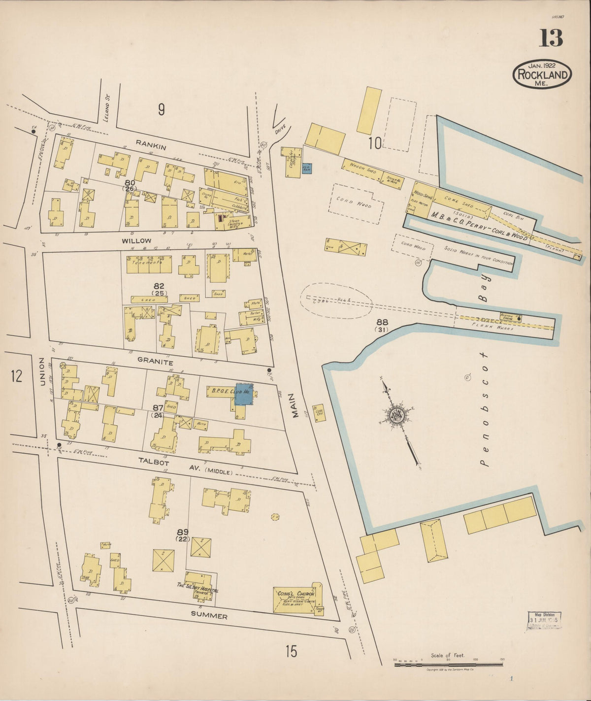 Sanborn Fire Insurance Map from Rockland, Knox County, Maine (1922), Sheet #0013 - Complete Map Set gallery image, historic Sanborn map, vintage wall art, Maine Maine
