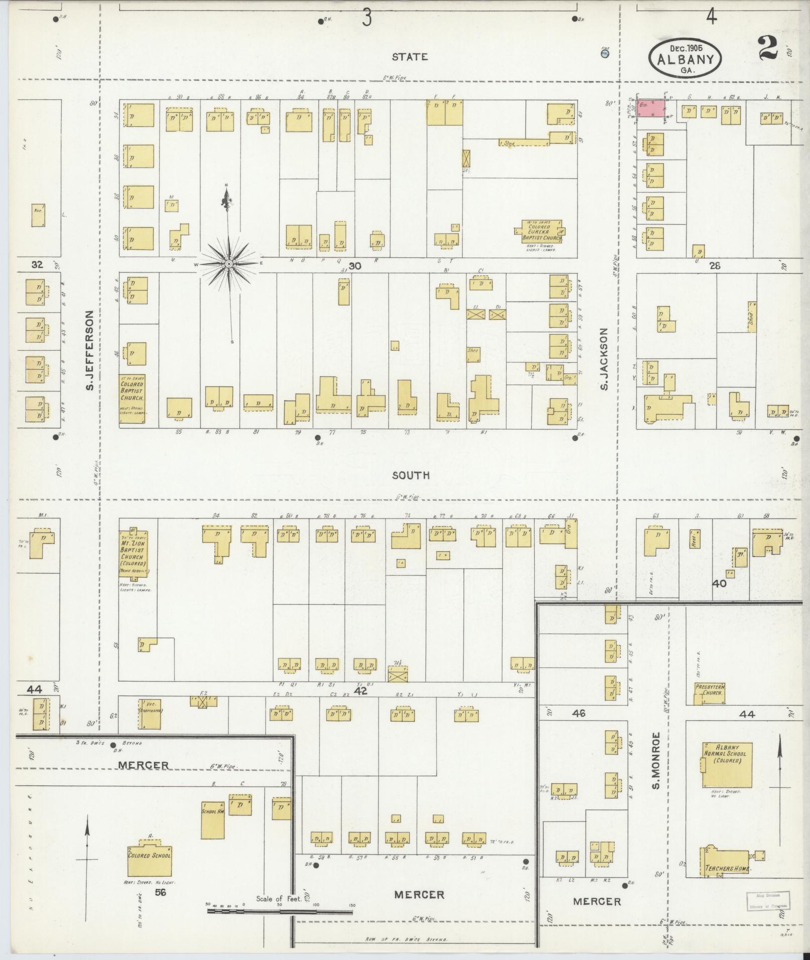 Sanborn Fire Insurance Map from Albany, Dougherty County, Georgia (1905), Sheet #0002 - Historic Sanborn Fire Insurance Map Print, vintage old map wall art, antique decor, genealogy gift, Georgia Georgia map