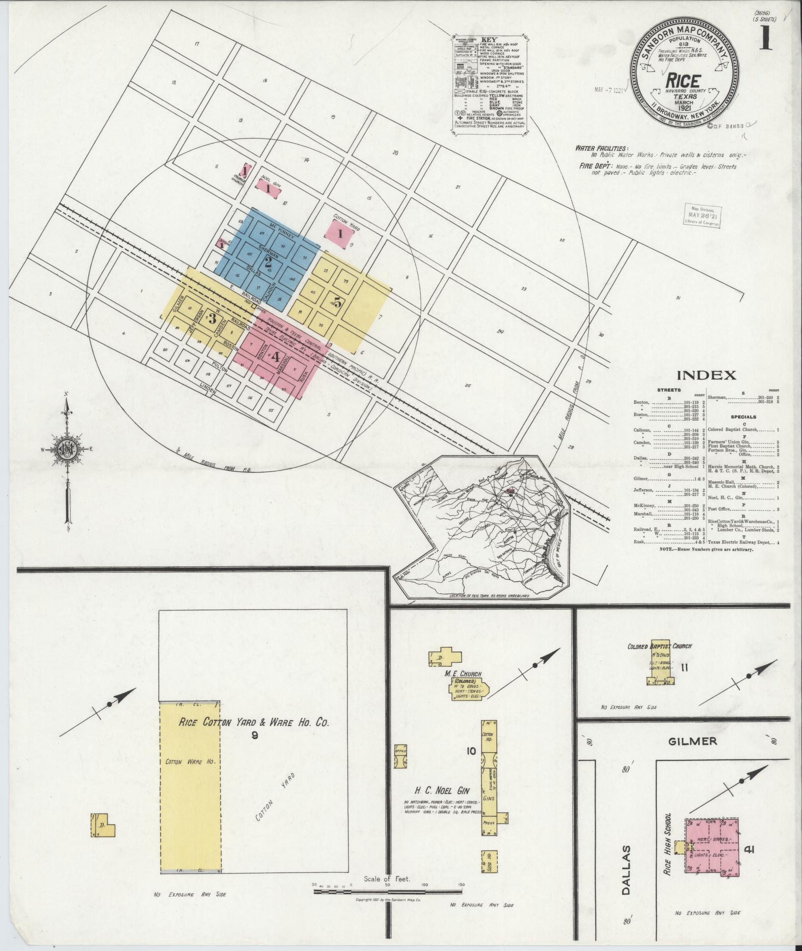 Sanborn Fire Insurance Map from Rice, Navarro County, Texas (1921), Sheet #0001 - Complete Map Set gallery image, historic Sanborn map, vintage wall art, Texas Texas