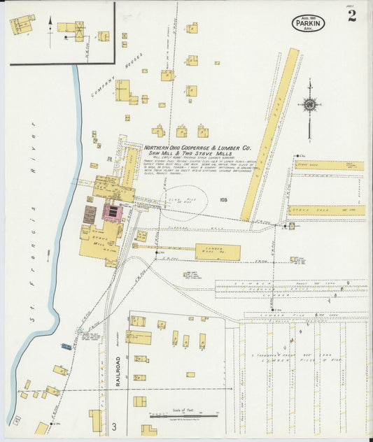 Sanborn Fire Insurance Map from Parkin, Cross County, Arkansas (1921), Sheet #0002 - Historic Sanborn Fire Insurance Map Print, vintage old map wall art, antique decor, genealogy gift, Arkansas Arkansas map