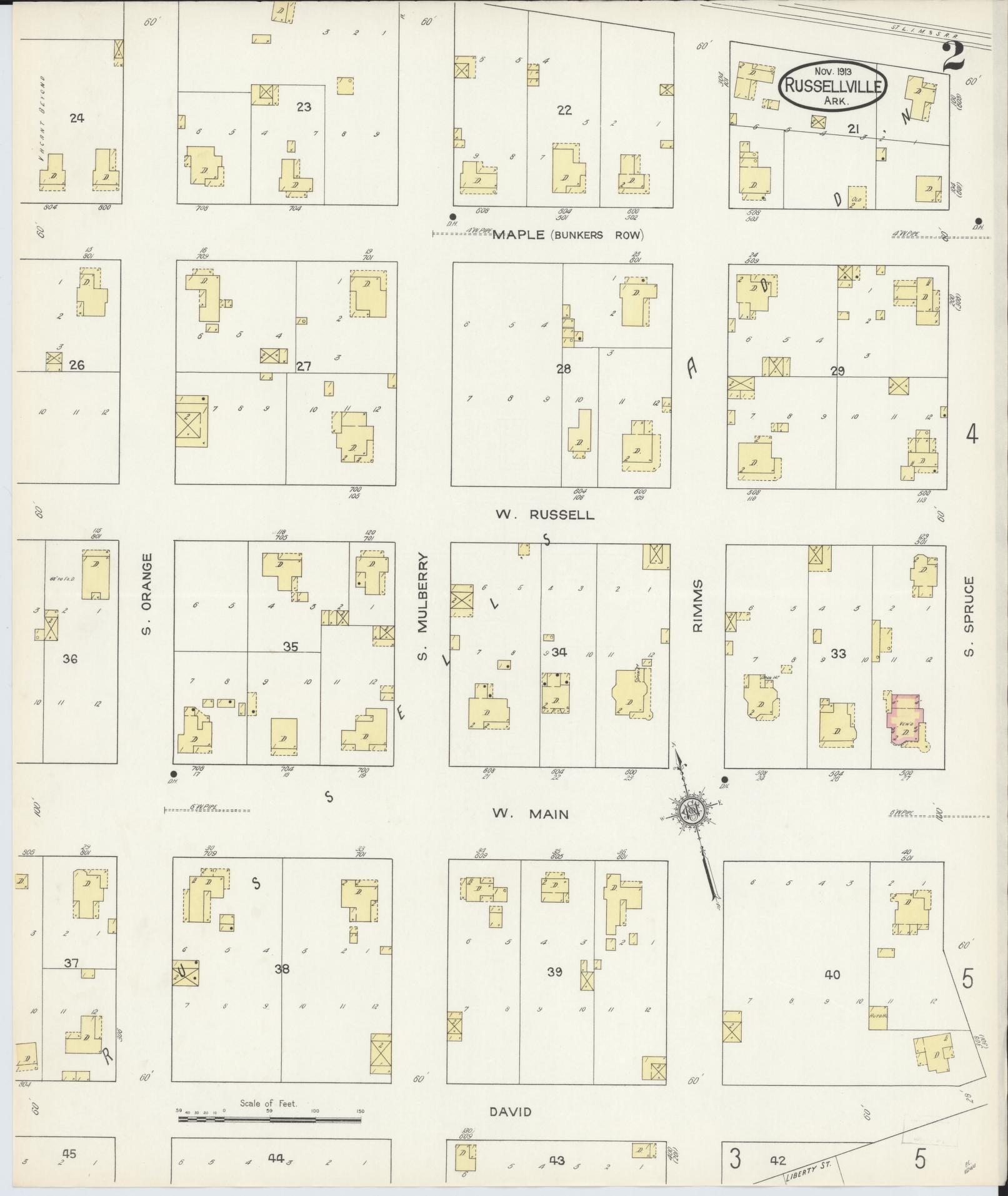 Sanborn Fire Insurance Map from Russellville, Pope County, Arkansas (1913), Sheet #0002 - Complete Map Set gallery image, historic Sanborn map, vintage wall art, Arkansas Arkansas