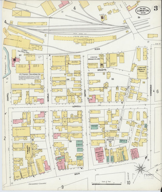 Sanborn Fire Insurance Map from Lewiston, Androscoggin County, Maine (1902), Sheet #0003 - Historic Sanborn Fire Insurance Map Print, vintage old map wall art, antique decor, genealogy gift, Maine Maine map
