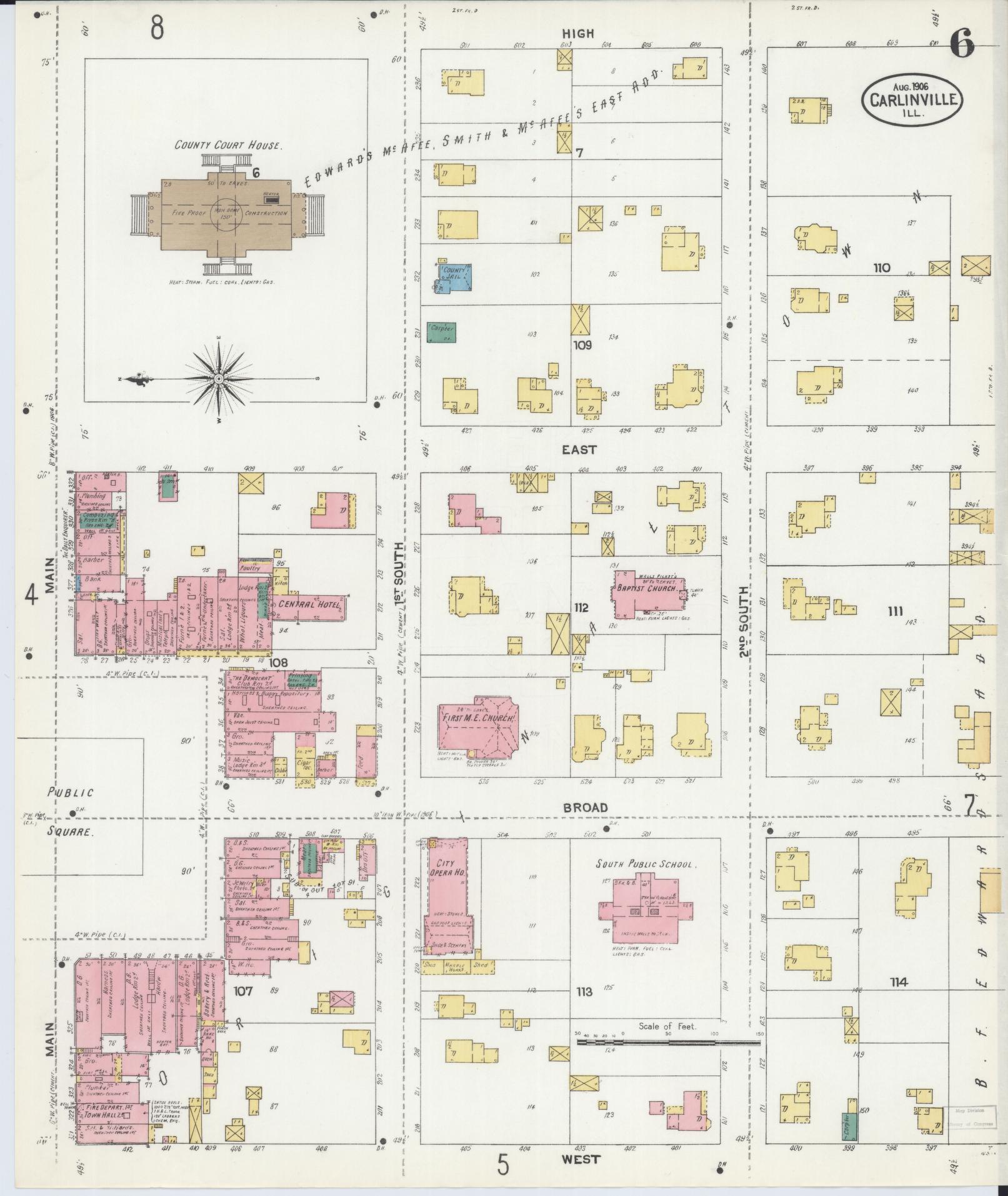 Sanborn Fire Insurance Map from Carlinville, Macoupin County, Illinois (1906), Sheet #0006 - Complete Map Set gallery image, historic Sanborn map, vintage wall art, Illinois Illinois