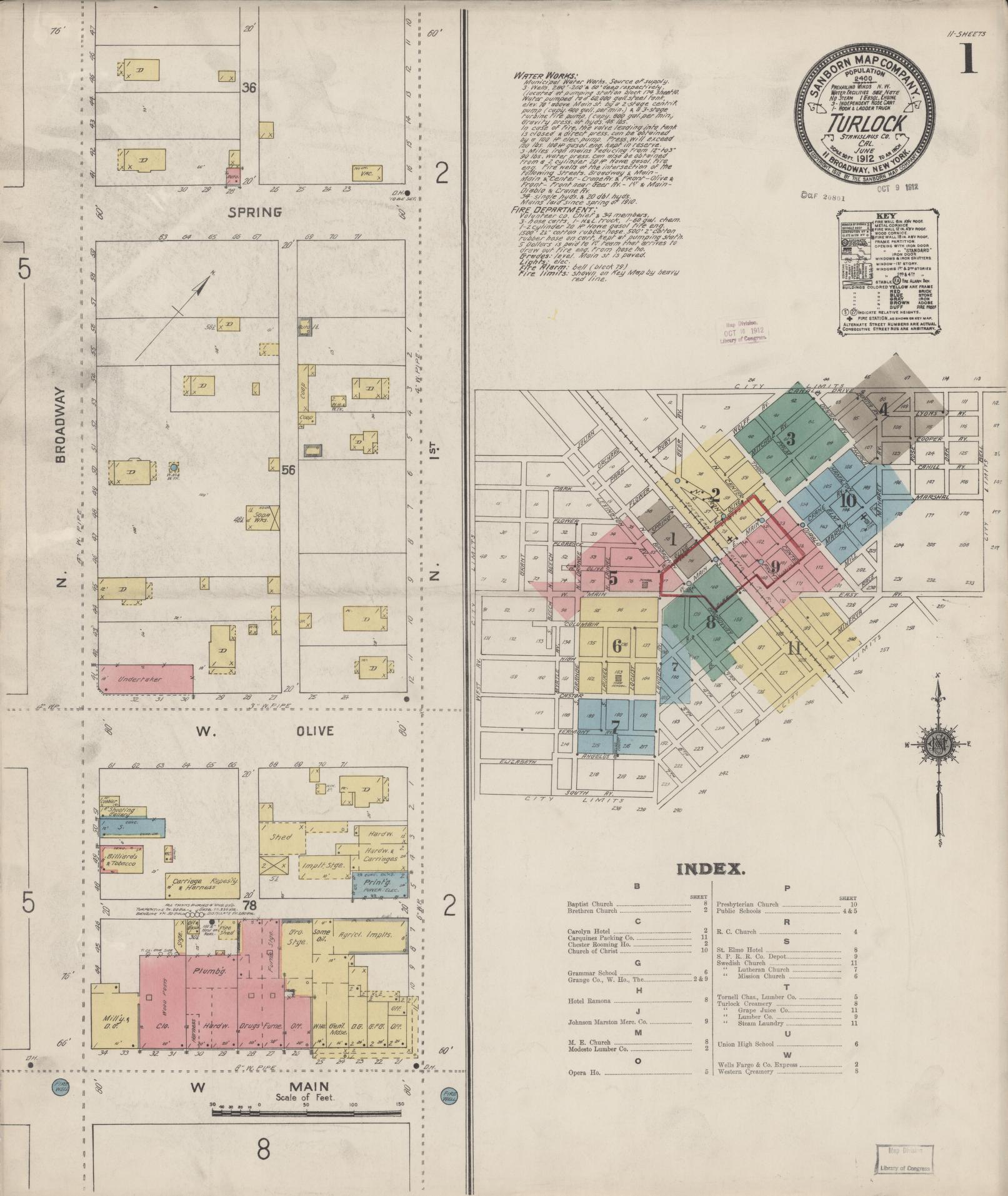 Sanborn Fire Insurance Map from Turlock, Stanislaus County, California (1912), Sheet #0001 - Complete Map Set gallery image, historic Sanborn map, vintage wall art, California California
