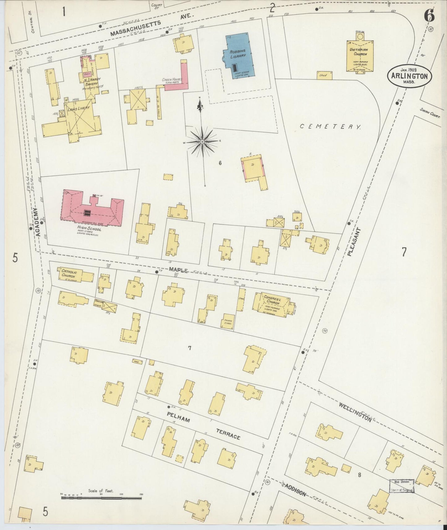Sanborn Fire Insurance Map from Arlington, Middlesex County, Massachusetts (1903), Sheet #0006 - Historic Sanborn Fire Insurance Map Print, vintage old map wall art, antique decor, genealogy gift, Massachusetts Massachusetts map