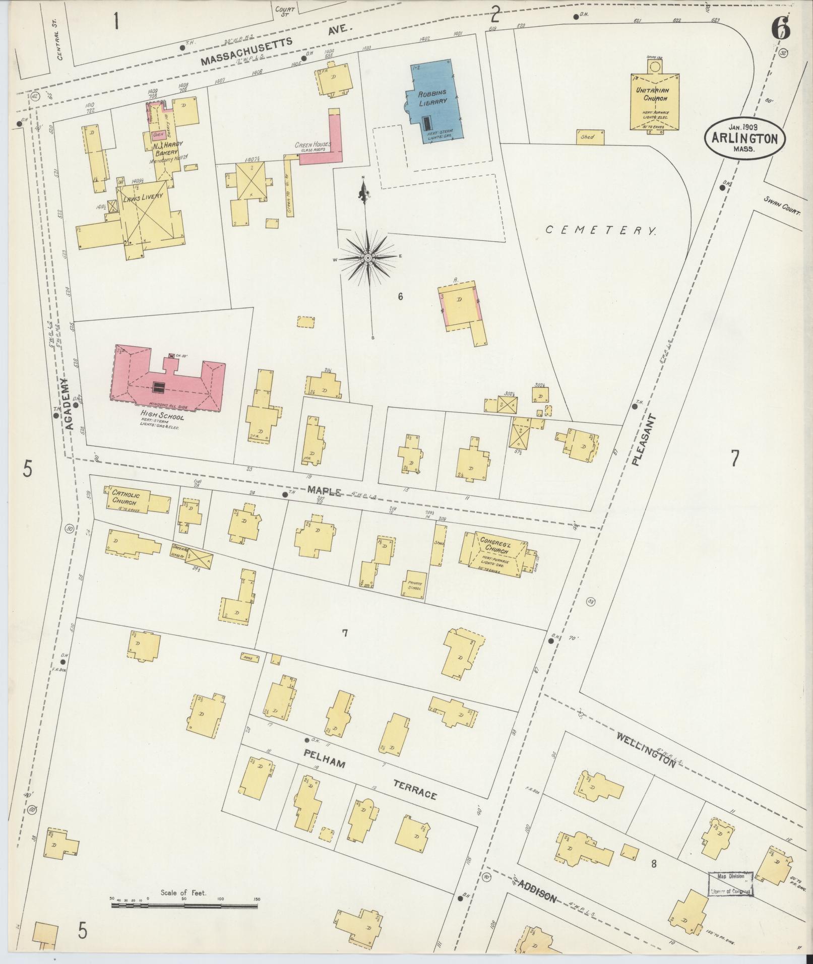Sanborn Fire Insurance Map from Arlington, Middlesex County, Massachusetts (1903), Sheet #0006 - Historic Sanborn Fire Insurance Map Print, vintage old map wall art, antique decor, genealogy gift, Massachusetts Massachusetts map