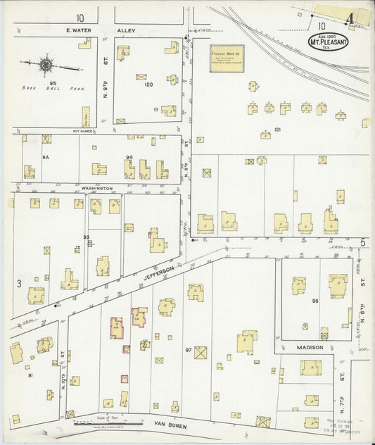 Sanborn Fire Insurance Map from Mount Pleasant, Titus County, Texas (1920), Sheet #0004 - Historic Sanborn Fire Insurance Map Print, vintage old map wall art, antique decor, genealogy gift, Texas Texas map