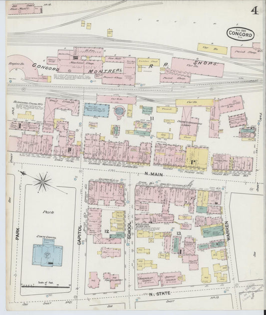 Sanborn Fire Insurance Map from Concord, Merrimack County, New Hampshire (1889), Sheet #0004 - Historic Sanborn Fire Insurance Map Print, vintage old map wall art, antique decor, genealogy gift, New Hampshire New Hampshire map