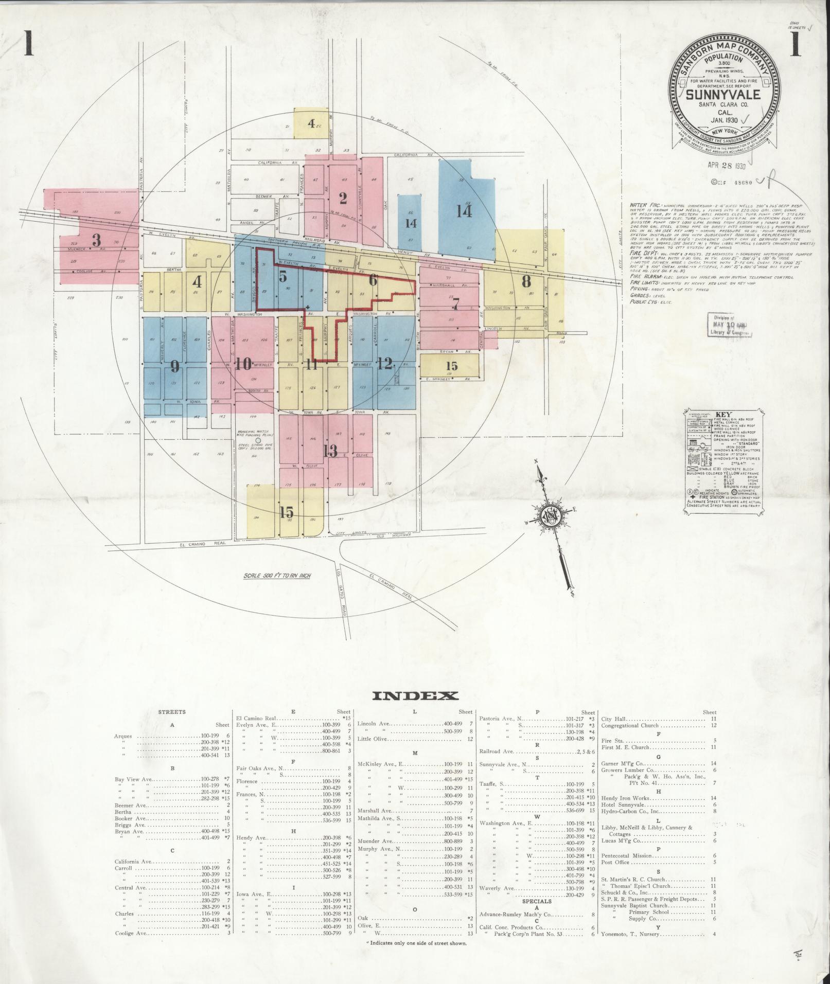 Sanborn Fire Insurance Map from Sunnyvale, Santa Clara County, California (1930), Sheet #0001 - Complete Map Set gallery image, historic Sanborn map, vintage wall art, California California