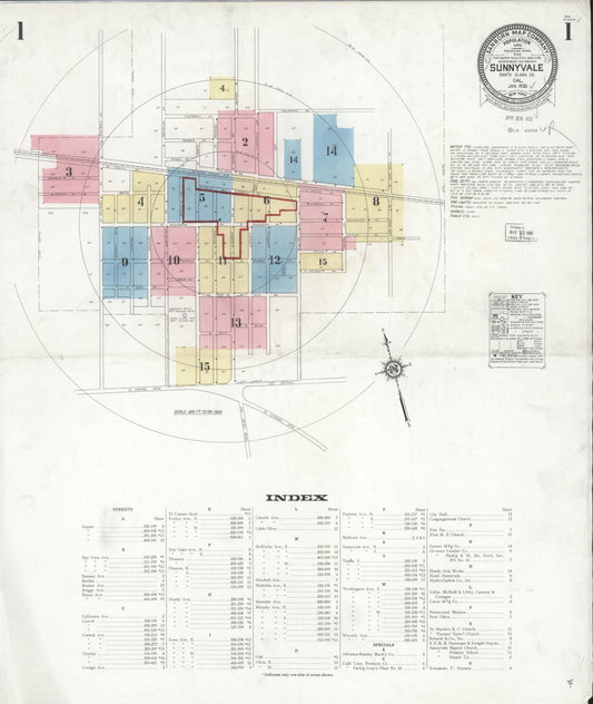Sanborn Fire Insurance Map from Sunnyvale, Santa Clara County, California (1930), Sheet #0001 - Complete Map Set gallery image, historic Sanborn map, vintage wall art, California California