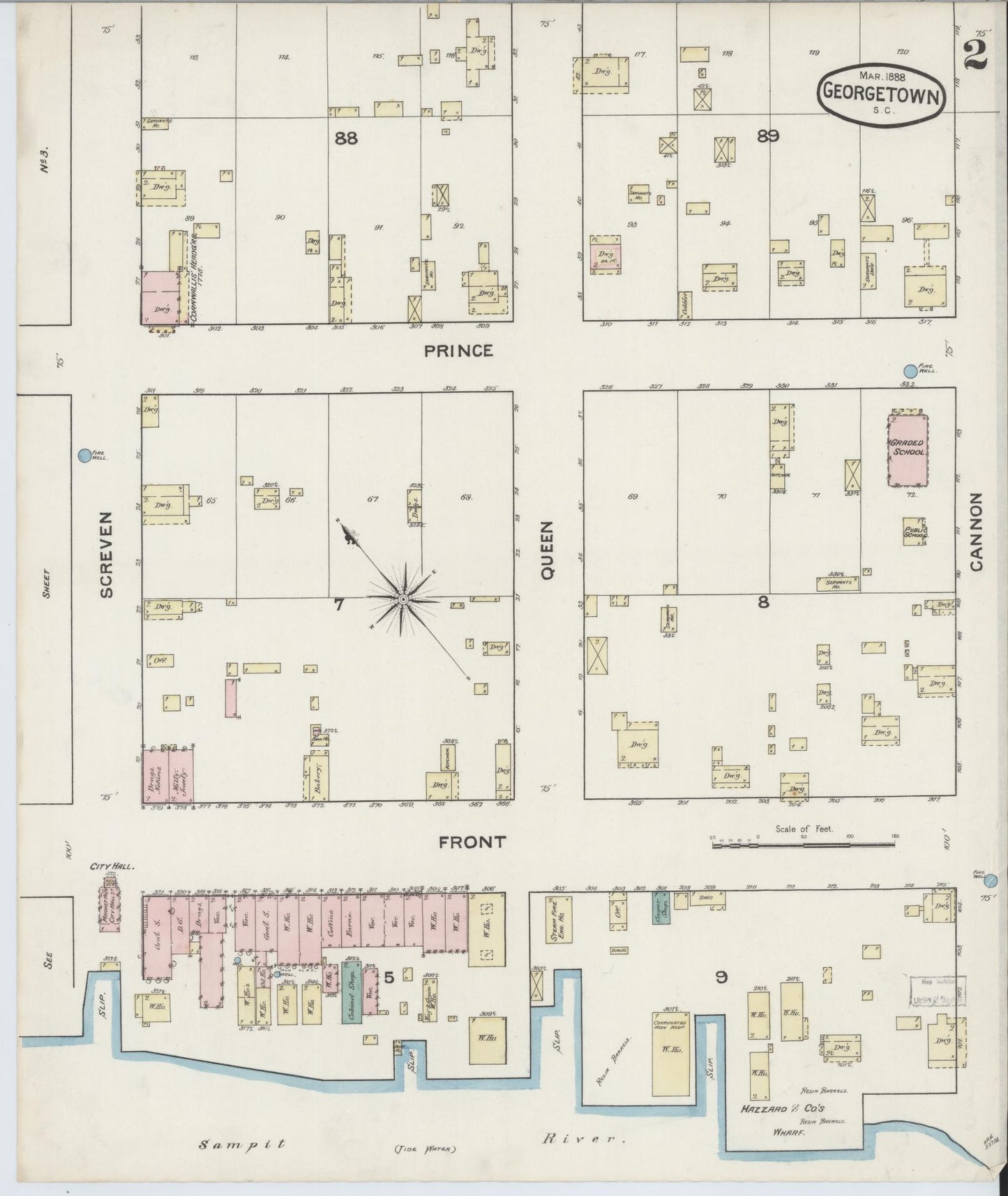 Sanborn Fire Insurance Map from Georgetown, Georgetown County, South Carolina (1888), Sheet #0002 - Historic Sanborn Fire Insurance Map Print, vintage old map wall art, antique decor, genealogy gift, South Carolina South Carolina map