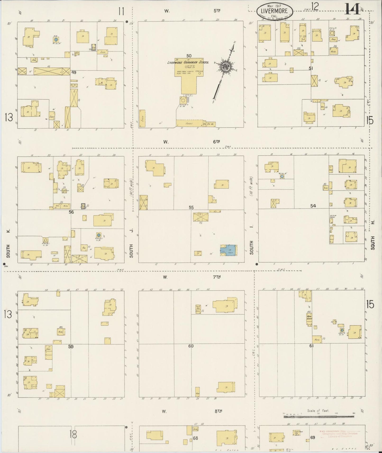 Sanborn Fire Insurance Map from Livermore, Alameda County, California (1917), Sheet #0014 - Complete Map Set gallery image, historic Sanborn map, vintage wall art, California California