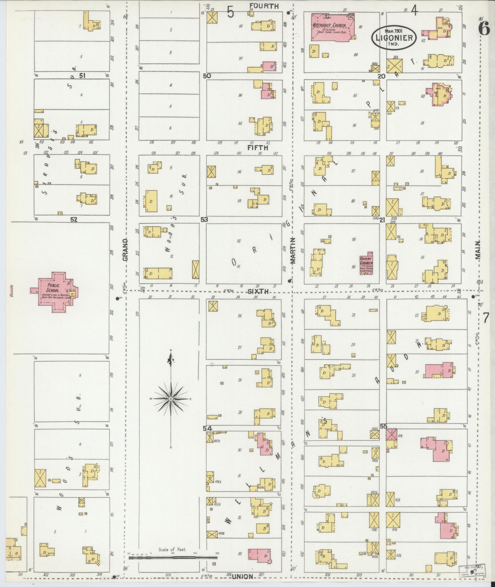 Sanborn Fire Insurance Map from Ligonier, Noble County, Indiana (1901), Sheet #0006 - Historic Sanborn Fire Insurance Map Print, vintage old map wall art, antique decor, genealogy gift, Indiana Indiana map
