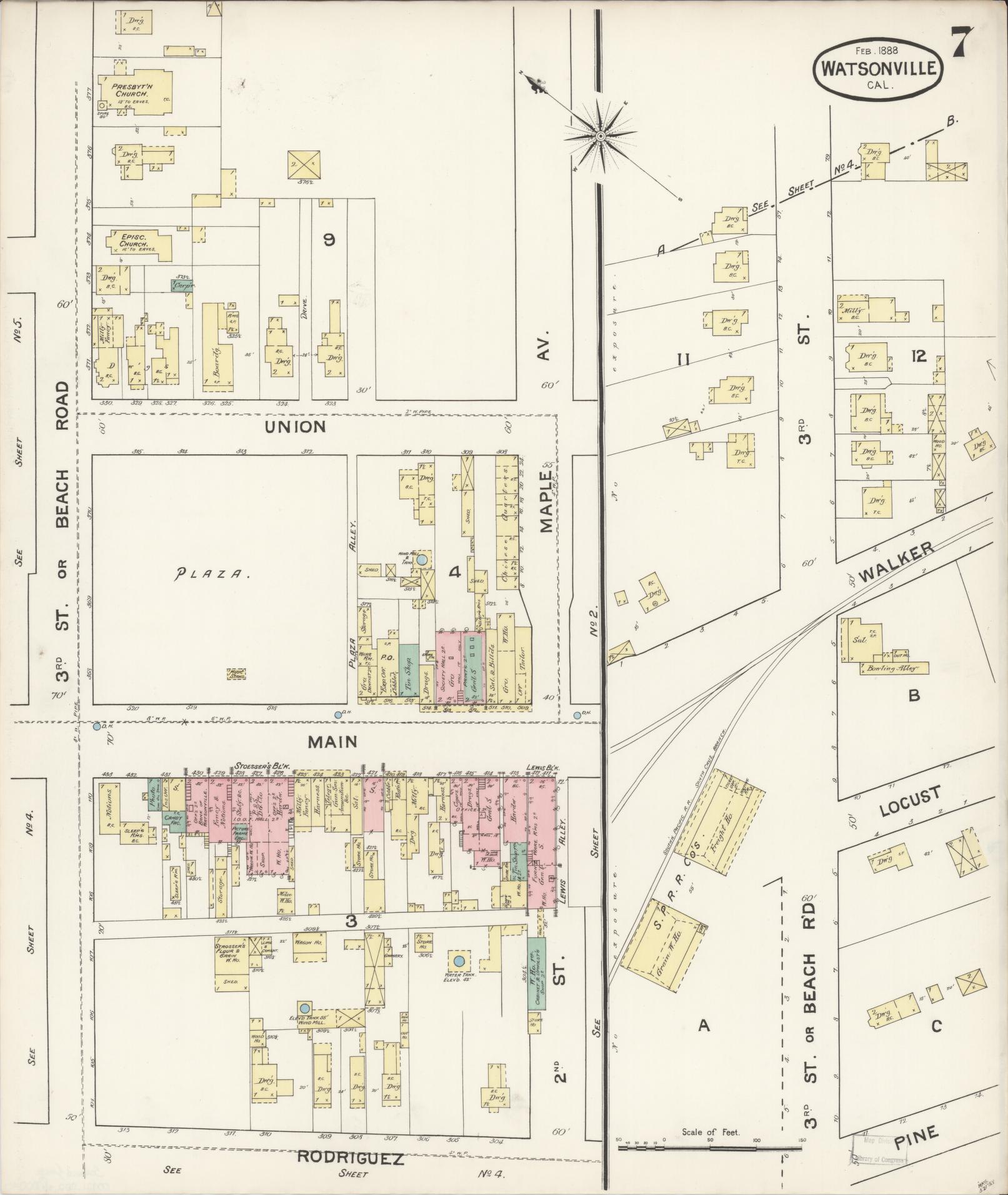 Sanborn Fire Insurance Map from Watsonville, Santa Cruz County, California (1888), Sheet #0007 - Complete Map Set gallery image, historic Sanborn map, vintage wall art, California California