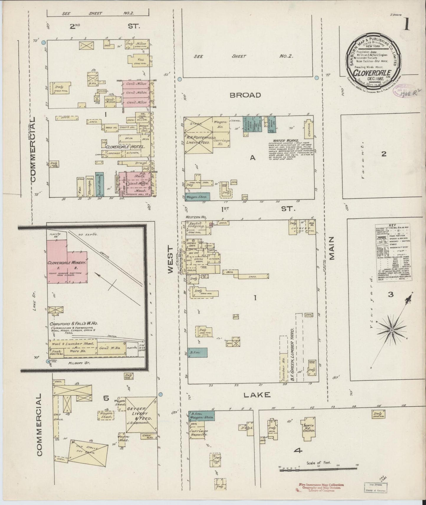 Sanborn Fire Insurance Map from Cloverdale, Sonoma County, California (1885), Sheet #0001 - Complete Map Set gallery image, historic Sanborn map, vintage wall art, California California