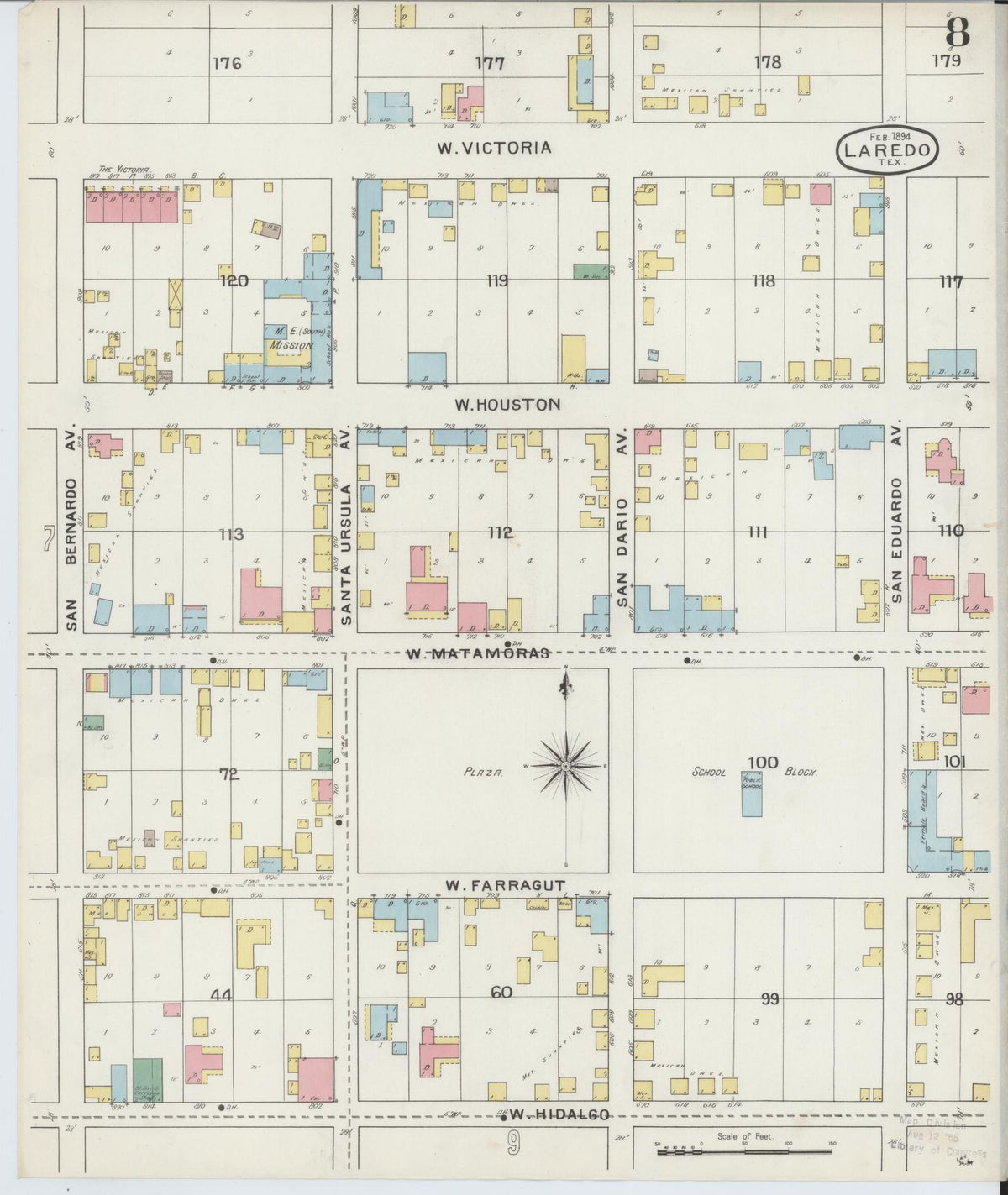 Sanborn Fire Insurance Map from Laredo, Webb County, Texas (1894), Sheet #0008 - Complete Map Set gallery image, historic Sanborn map, vintage wall art, Texas Texas