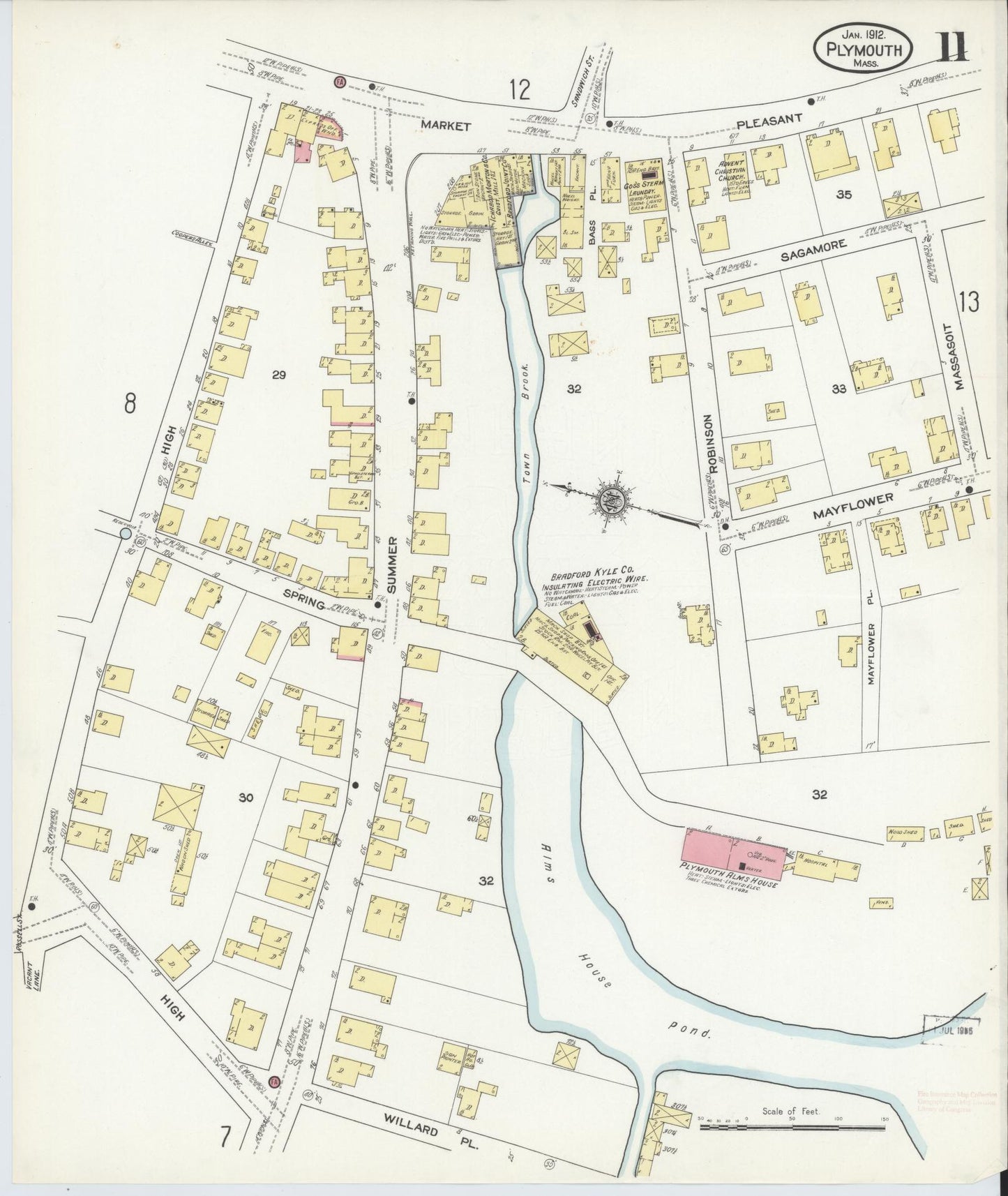 Sanborn Fire Insurance Map from Plymouth, Plymouth County, Massachusetts (1912), Sheet #0011 - Historic Sanborn Fire Insurance Map Print, vintage old map wall art, antique decor, genealogy gift, Massachusetts Massachusetts map
