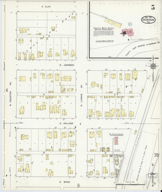 Sanborn Fire Insurance Map from Denison, Grayson County, Texas (1914), Sheet #0005 - Historic Sanborn Fire Insurance Map Print, vintage old map wall art, antique decor, genealogy gift, Texas Texas map