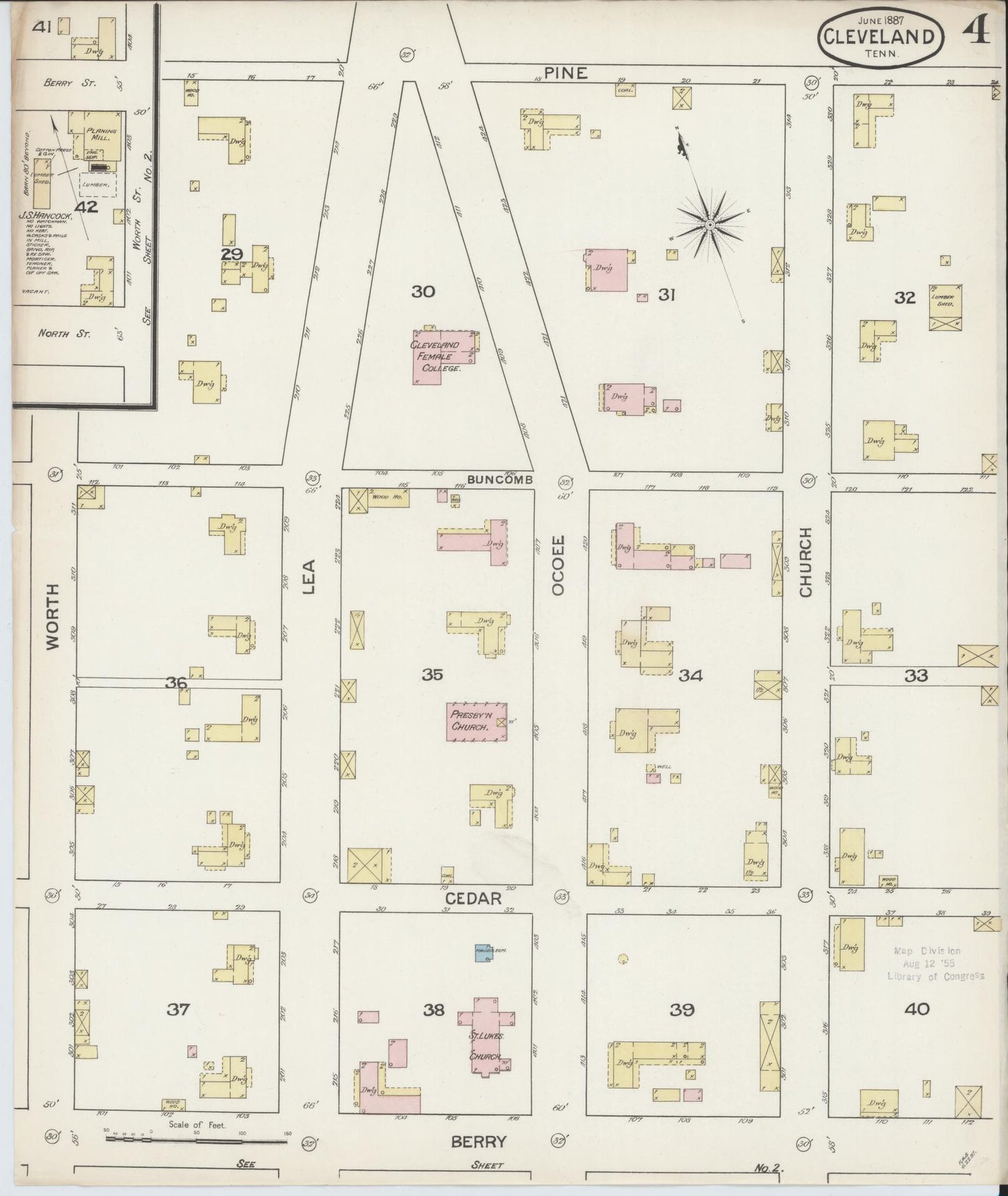 Sanborn Fire Insurance Map from Cleveland, Bradley County, Tennessee (1887), Sheet #0004 - Complete Map Set gallery image, historic Sanborn map, vintage wall art, Tennessee Tennessee