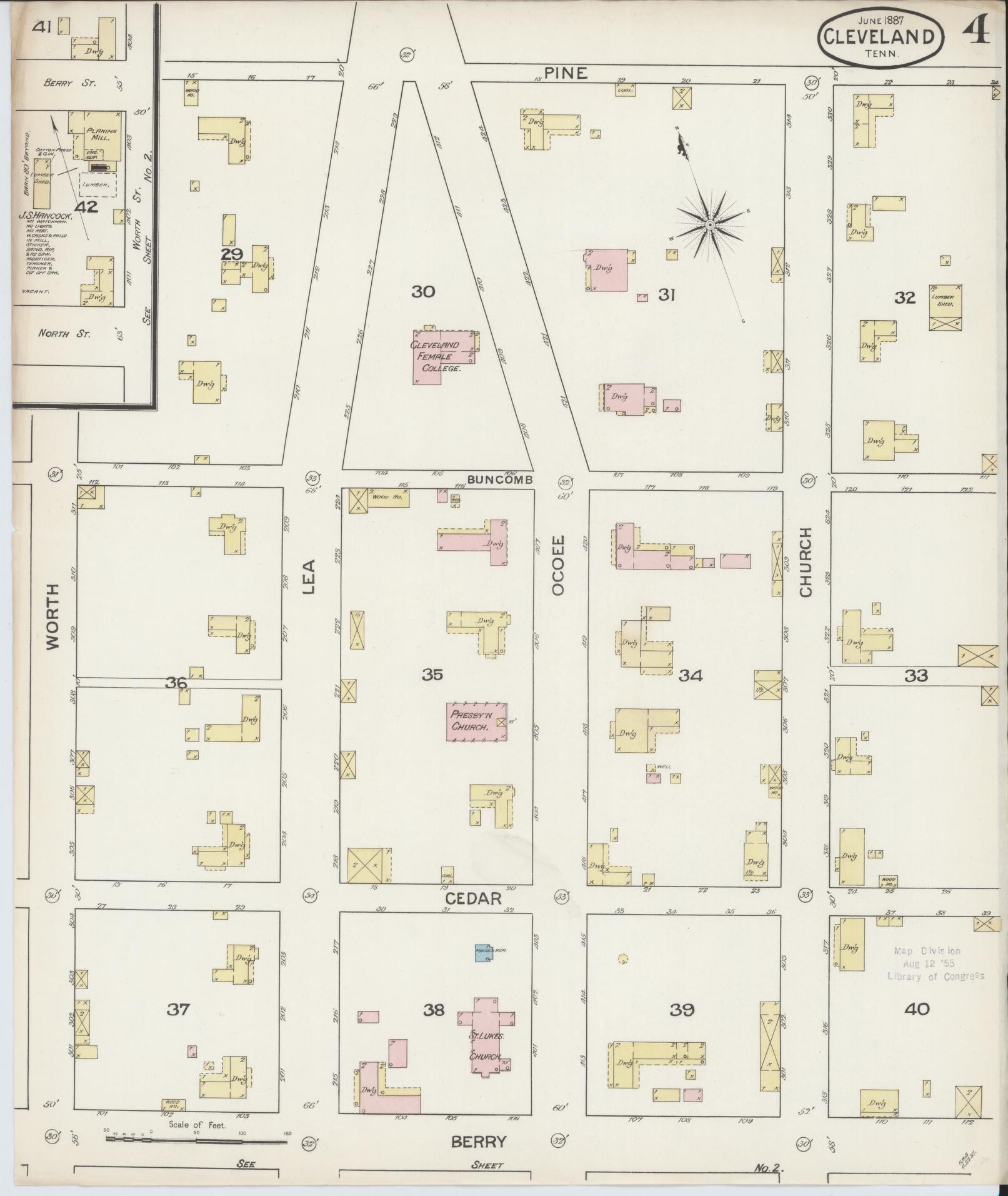 Sanborn Fire Insurance Map from Cleveland, Bradley County, Tennessee (1887), Sheet #0004 - Complete Map Set gallery image, historic Sanborn map, vintage wall art, Tennessee Tennessee