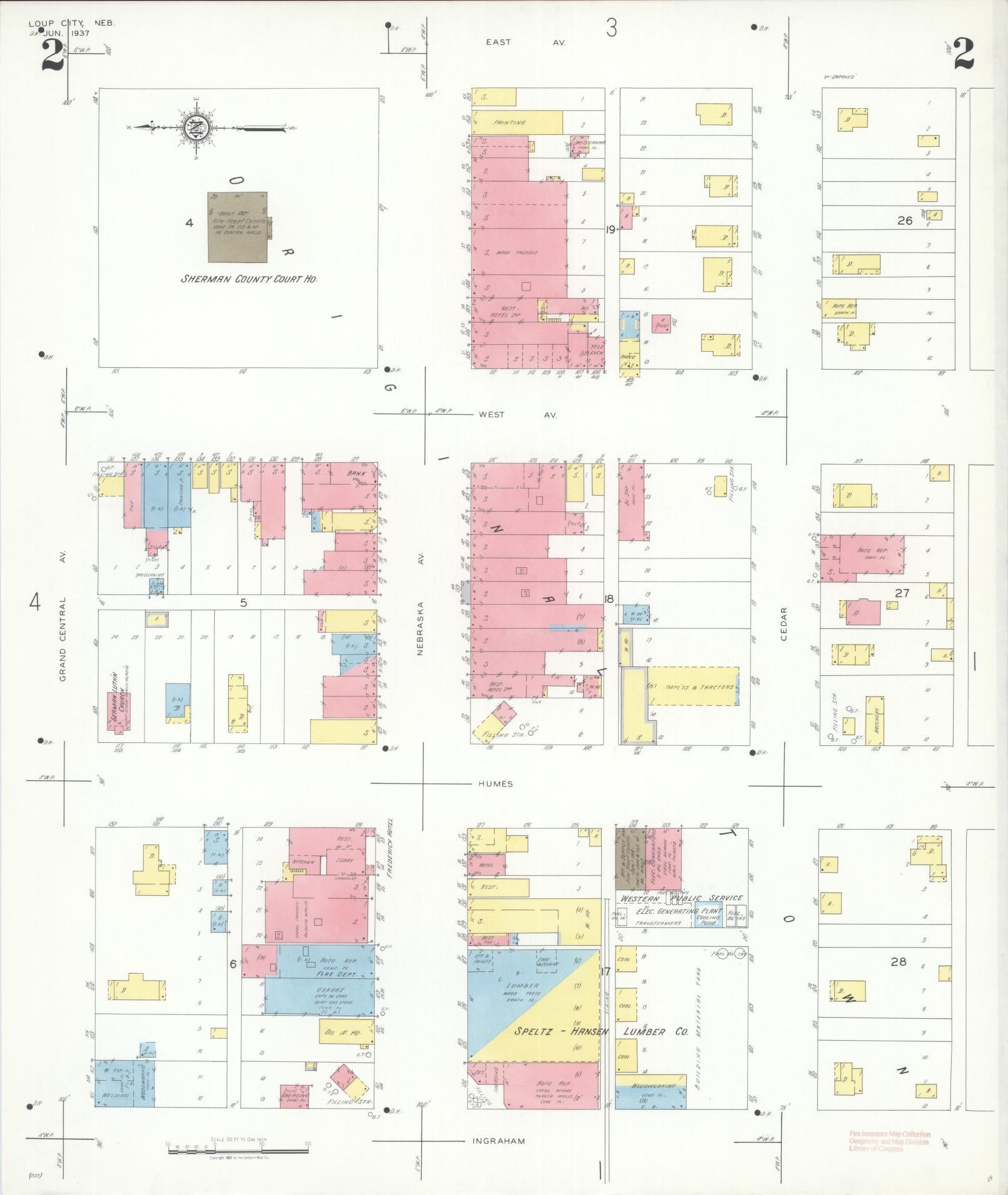 Sanborn Fire Insurance Map from Loup City, Sherman County, Nebraska (1937), Sheet #0002 - Historic Sanborn Fire Insurance Map Print, vintage old map wall art, antique decor, genealogy gift, Nebraska Nebraska map