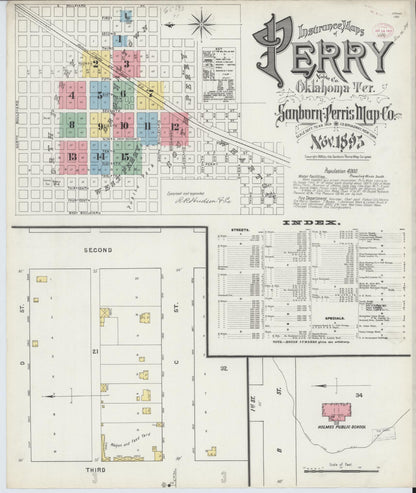 Sanborn Fire Insurance Map from Perry, Noble County, Oklahoma (1895), Sheet #0001 - Complete Map Set gallery image, historic Sanborn map, vintage wall art, Oklahoma Oklahoma