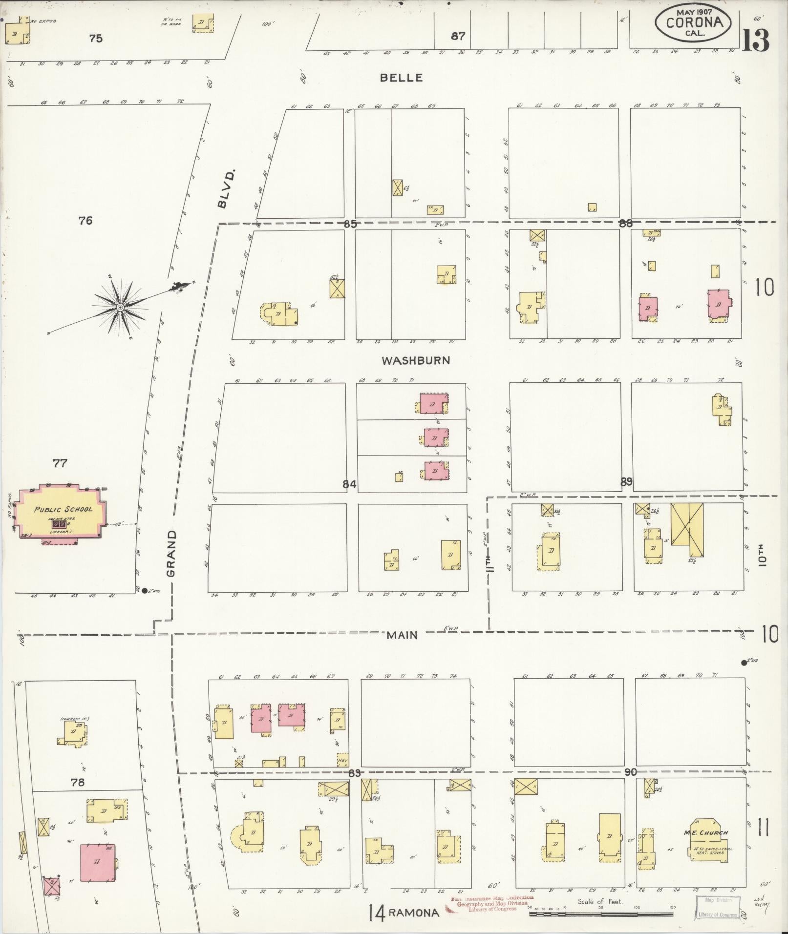 Sanborn Fire Insurance Map from Corona, Riverside County, California (1907), Sheet #0013 - Complete Map Set gallery image, historic Sanborn map, vintage wall art, California California