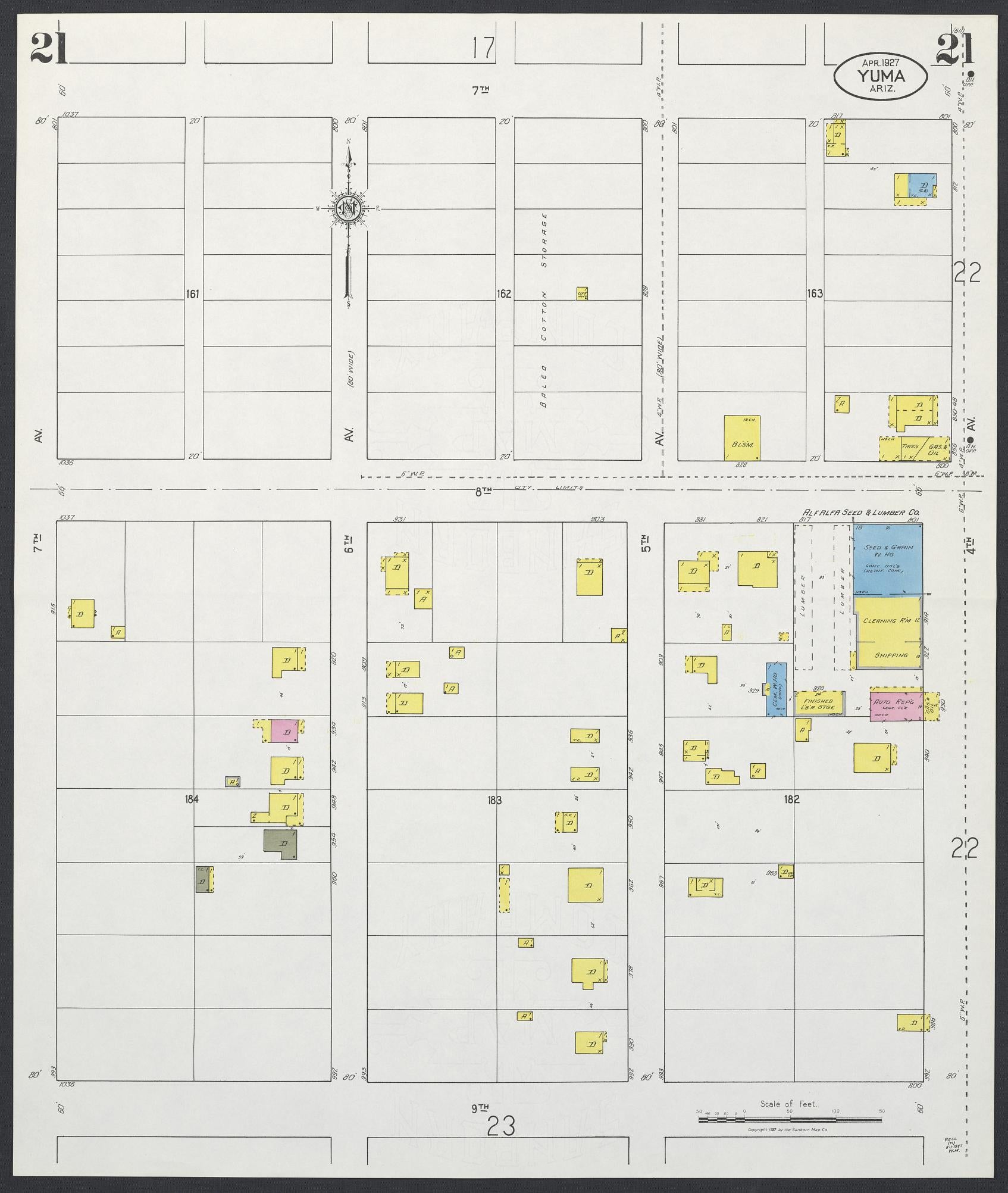 Sanborn Fire Insurance Map from Yuma, Yuma County, Arizona (1927), Sheet #0021 - Complete Map Set gallery image, historic Sanborn map, vintage wall art, Arizona Arizona