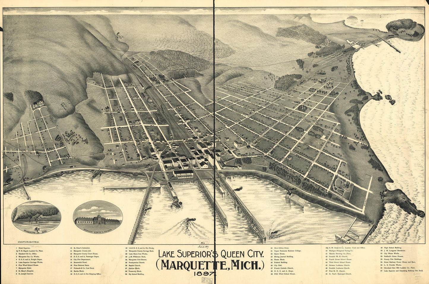 Lake Superior's Queen City (Marquette, Mich.) 1897. (1897) – Historic Bird’s-Eye View Panorama Print