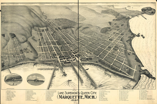 Lake Superior's Queen City (Marquette, Mich.) 1897. (1897) – Historic Bird’s-Eye View Panorama Print