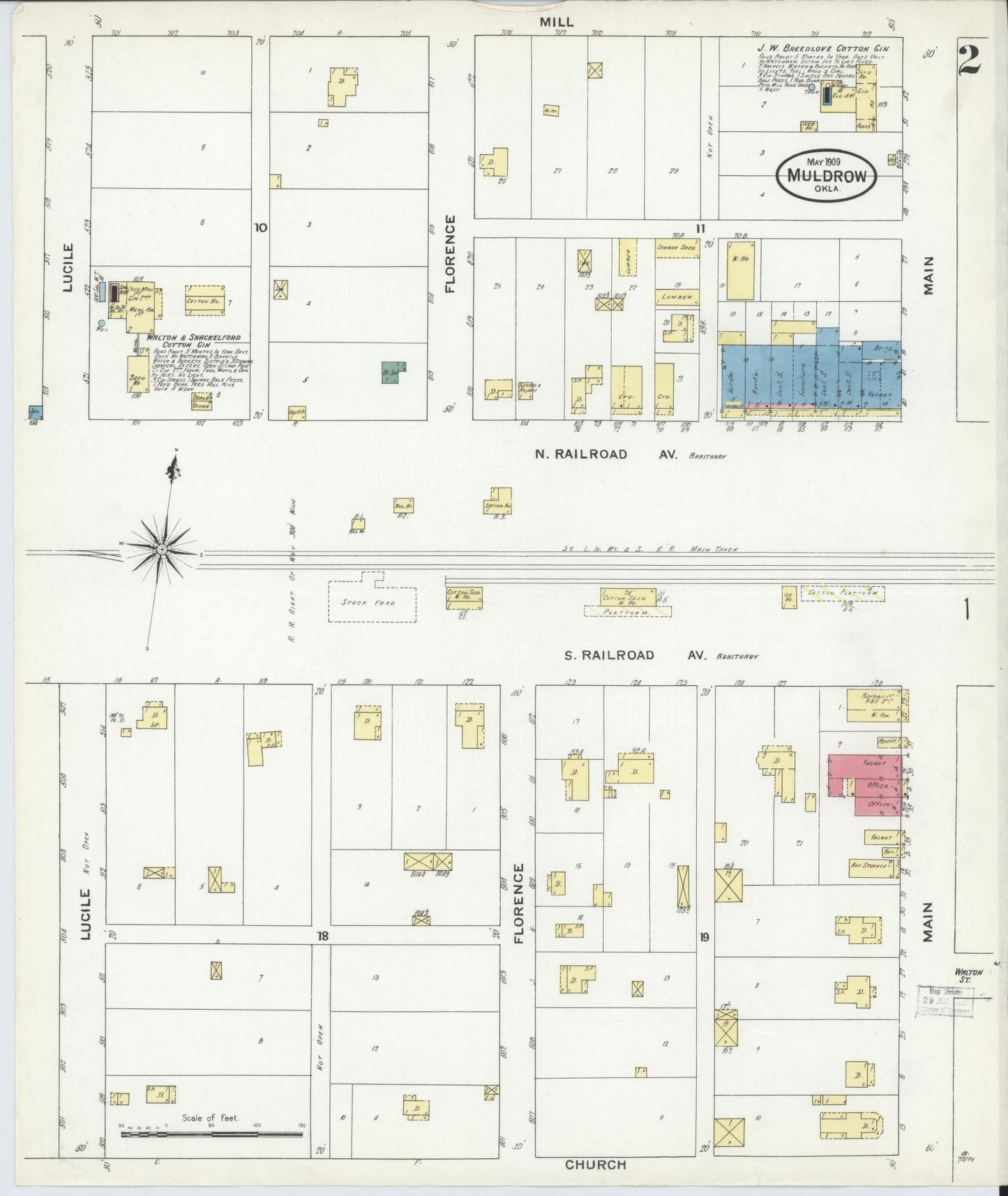 Sanborn Fire Insurance Map from Muldrow, Sequoyah County, Oklahoma (1909), Sheet #0002 - Historic Sanborn Fire Insurance Map Print, vintage old map wall art, antique decor, genealogy gift, Oklahoma Oklahoma map