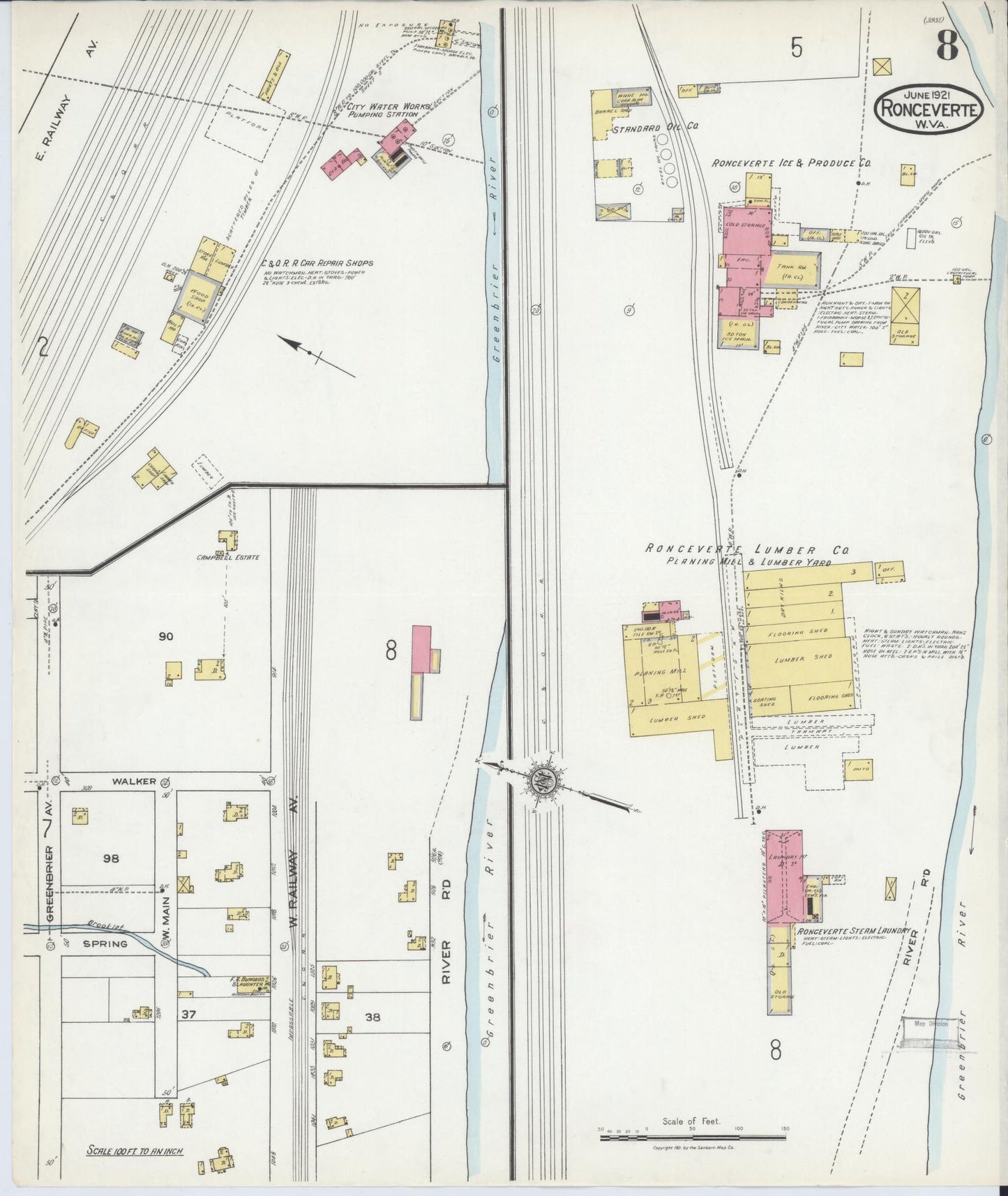 Sanborn Fire Insurance Map from Ronceverte, Greenbrier County, West Virginia (1921), Sheet #0008 - Historic Sanborn Fire Insurance Map Print, vintage old map wall art, antique decor, genealogy gift, West Virginia West Virginia map