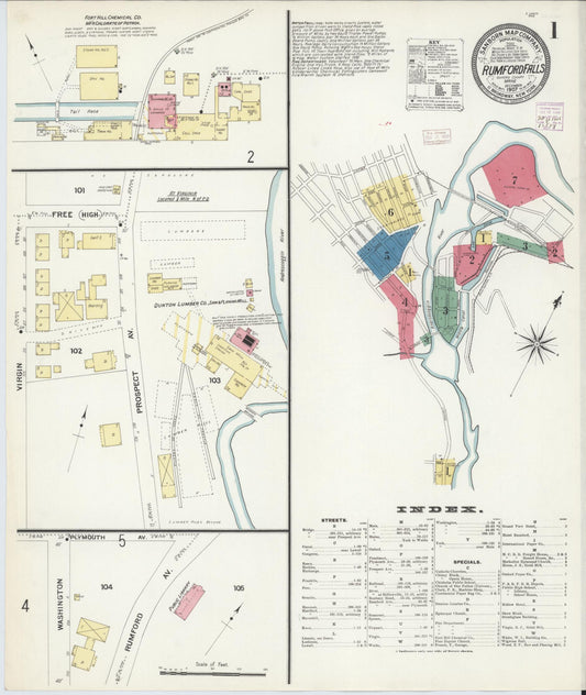 Sanborn Fire Insurance Map from Rumford Falls, Oxford County, Maine (1907), Sheet #0001 - Complete Map Set gallery image, historic Sanborn map, vintage wall art, Maine Maine