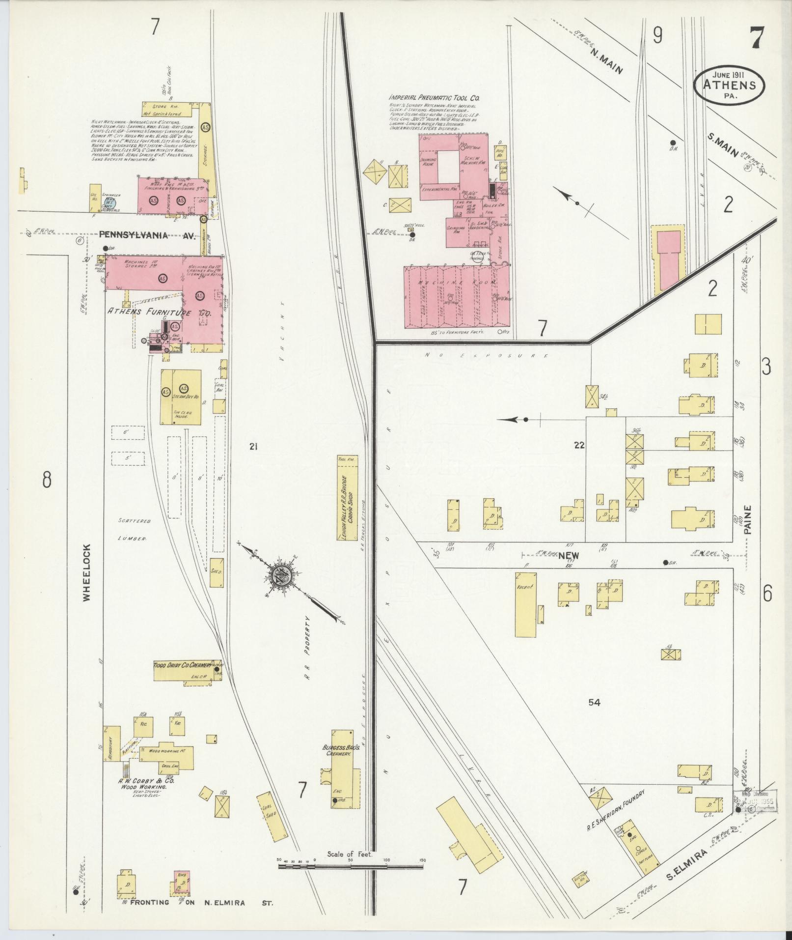 Sanborn Fire Insurance Map from Athens, Bradford County, Pennsylvania (1911), Sheet #0007 - Historic Sanborn Fire Insurance Map Print, vintage old map wall art, antique decor, genealogy gift, Pennsylvania Pennsylvania map