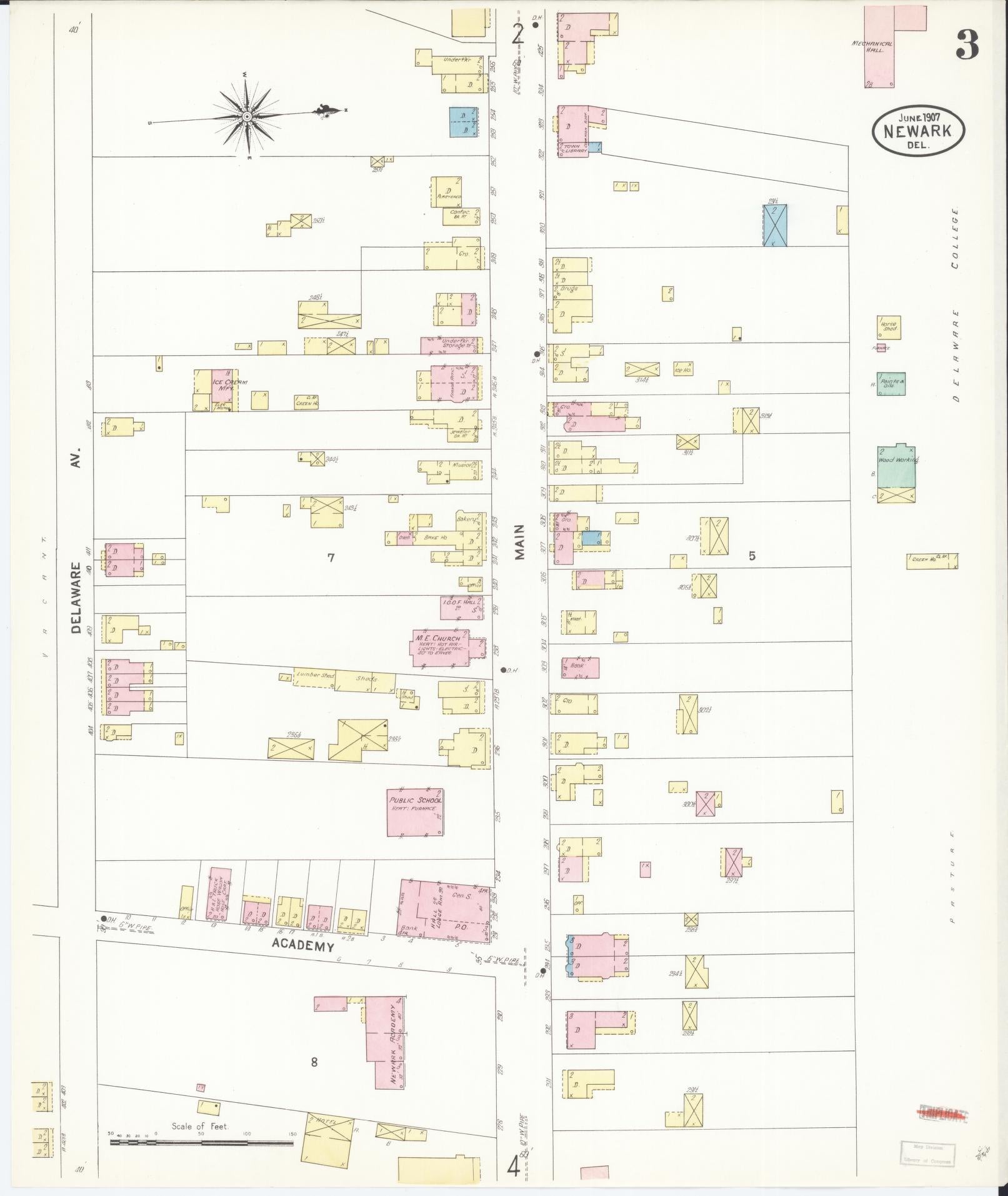 Sanborn Fire Insurance Map from Newark, New Castle County, Delaware (1907), Sheet #0003 - Complete Map Set gallery image, historic Sanborn map, vintage wall art, Delaware Delaware