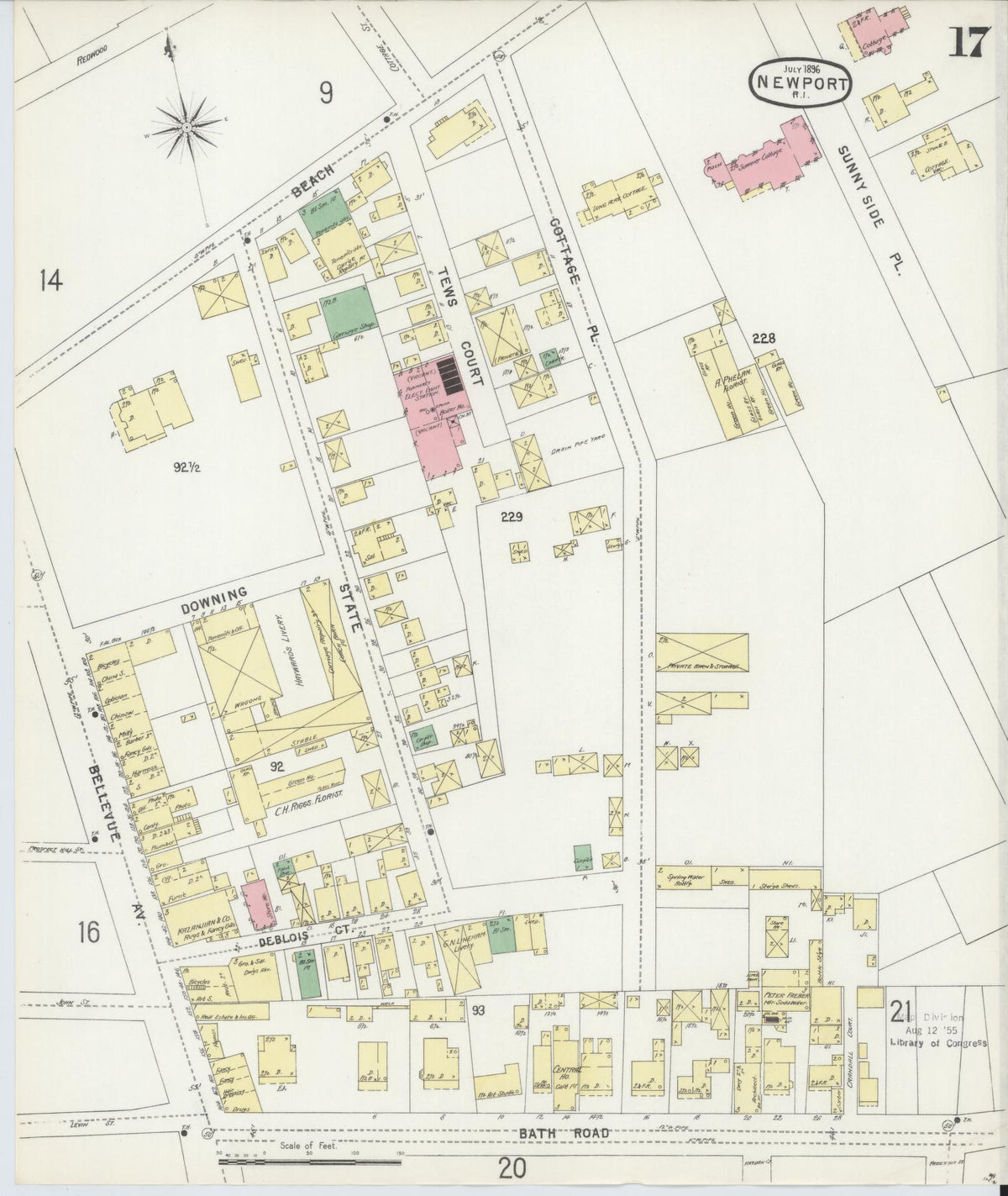 Sanborn Fire Insurance Map from Newport, Newport County, Rhode Island (1896), Sheet #0017 - Historic Sanborn Fire Insurance Map Print, vintage old map wall art, antique decor, genealogy gift, Rhode Island Rhode Island map