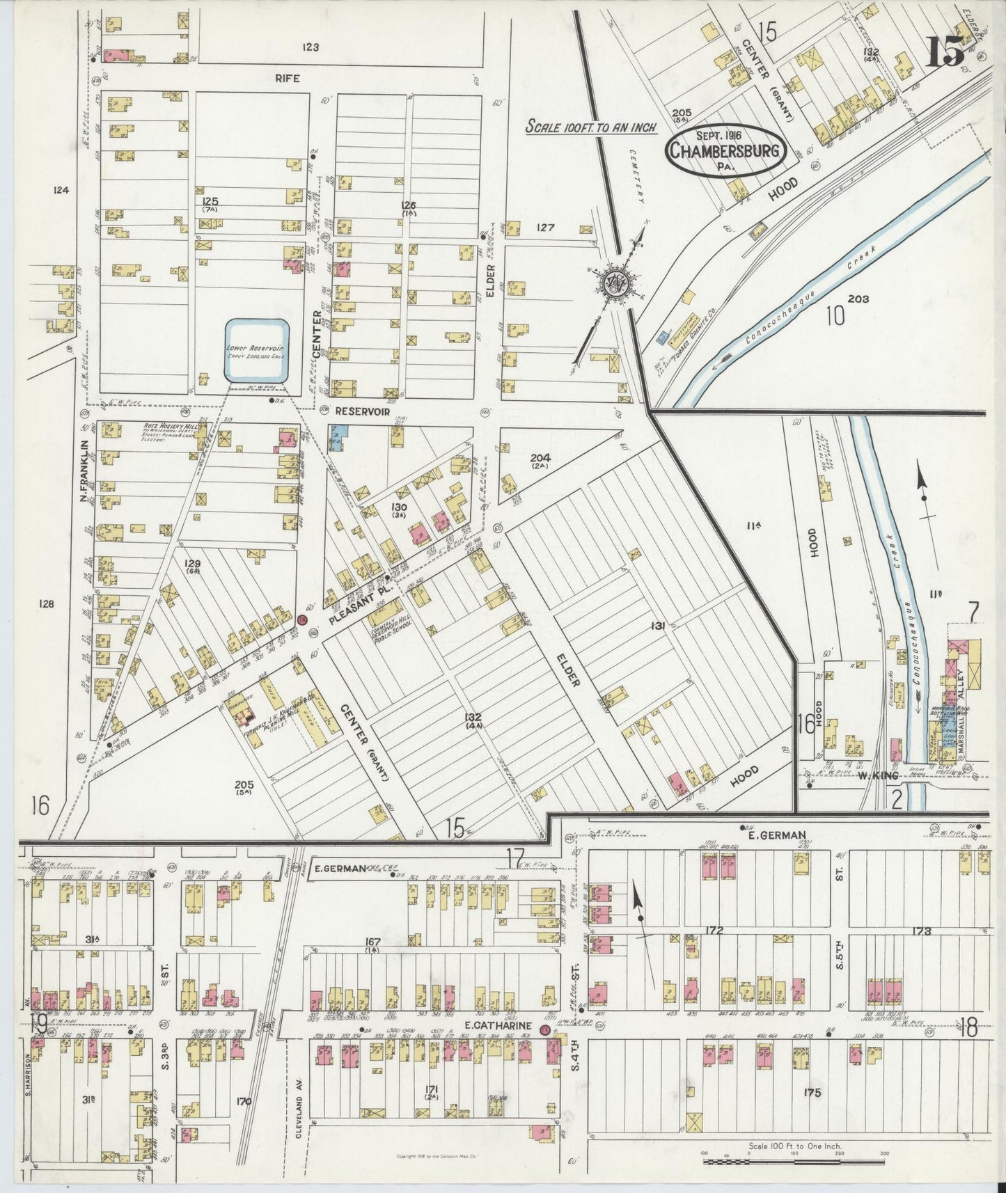 Sanborn Fire Insurance Map from Chambersburg, Franklin County, Pennsylvania (1916), Sheet #0015 - Historic Sanborn Fire Insurance Map Print, vintage old map wall art, antique decor, genealogy gift, Pennsylvania Pennsylvania map