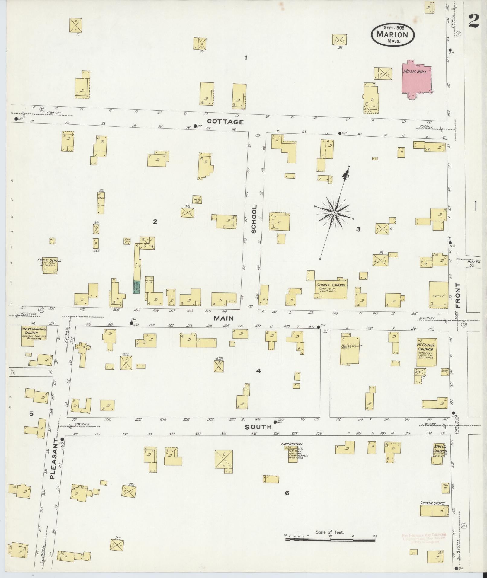 Sanborn Fire Insurance Map from Marion, Plymouth County, Massachusetts (1908), Sheet #0002 - Historic Sanborn Fire Insurance Map Print, vintage old map wall art, antique decor, genealogy gift, Massachusetts Massachusetts map