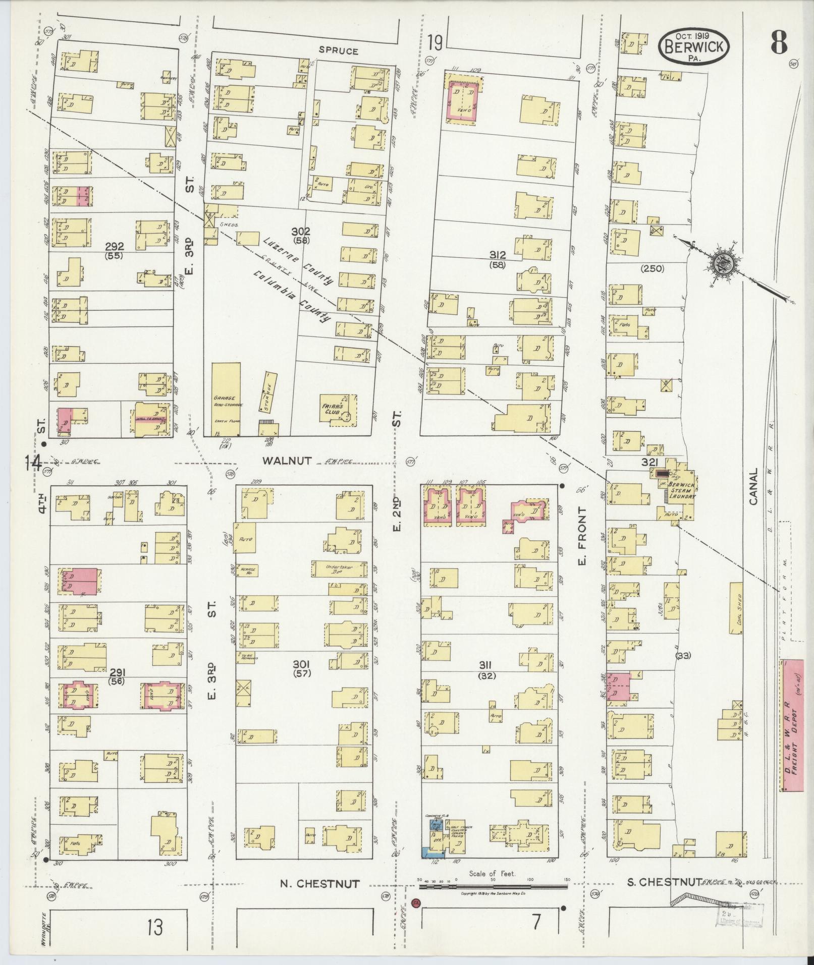 Sanborn Fire Insurance Map from Berwick, Columbia County, Pennsylvania (1918), Sheet #0008 - Historic Sanborn Fire Insurance Map Print, vintage old map wall art, antique decor, genealogy gift, Pennsylvania Pennsylvania map