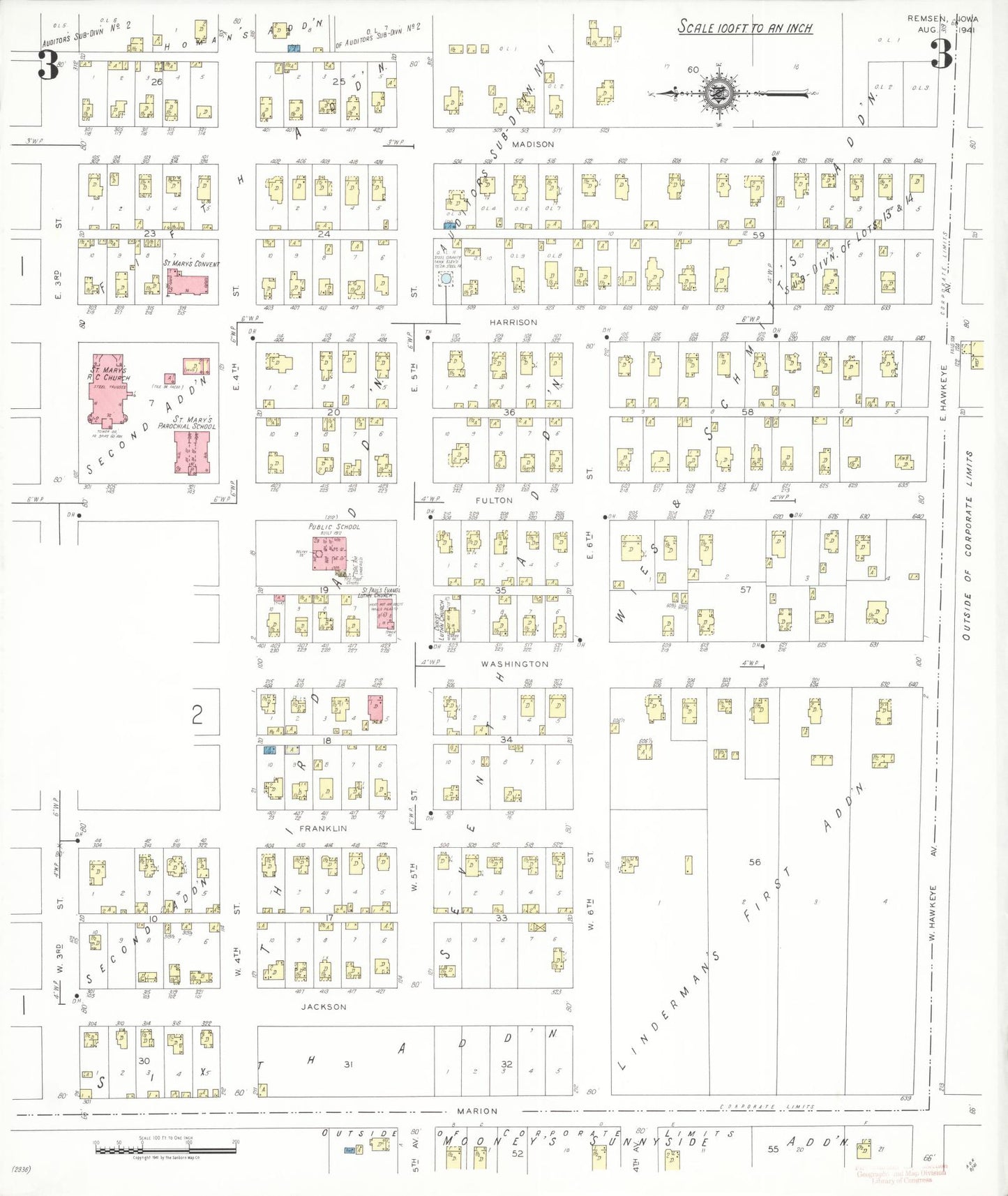 Sanborn Fire Insurance Map from Remsen, Plymouth County, Iowa (1941), Sheet #0003 - Historic Sanborn Fire Insurance Map Print, vintage old map wall art