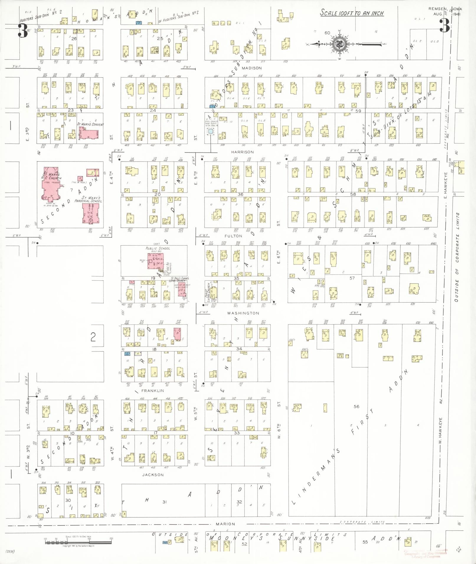 Sanborn Fire Insurance Map from Remsen, Plymouth County, Iowa (1941), Sheet #0003 - Historic Sanborn Fire Insurance Map Print, vintage old map wall art