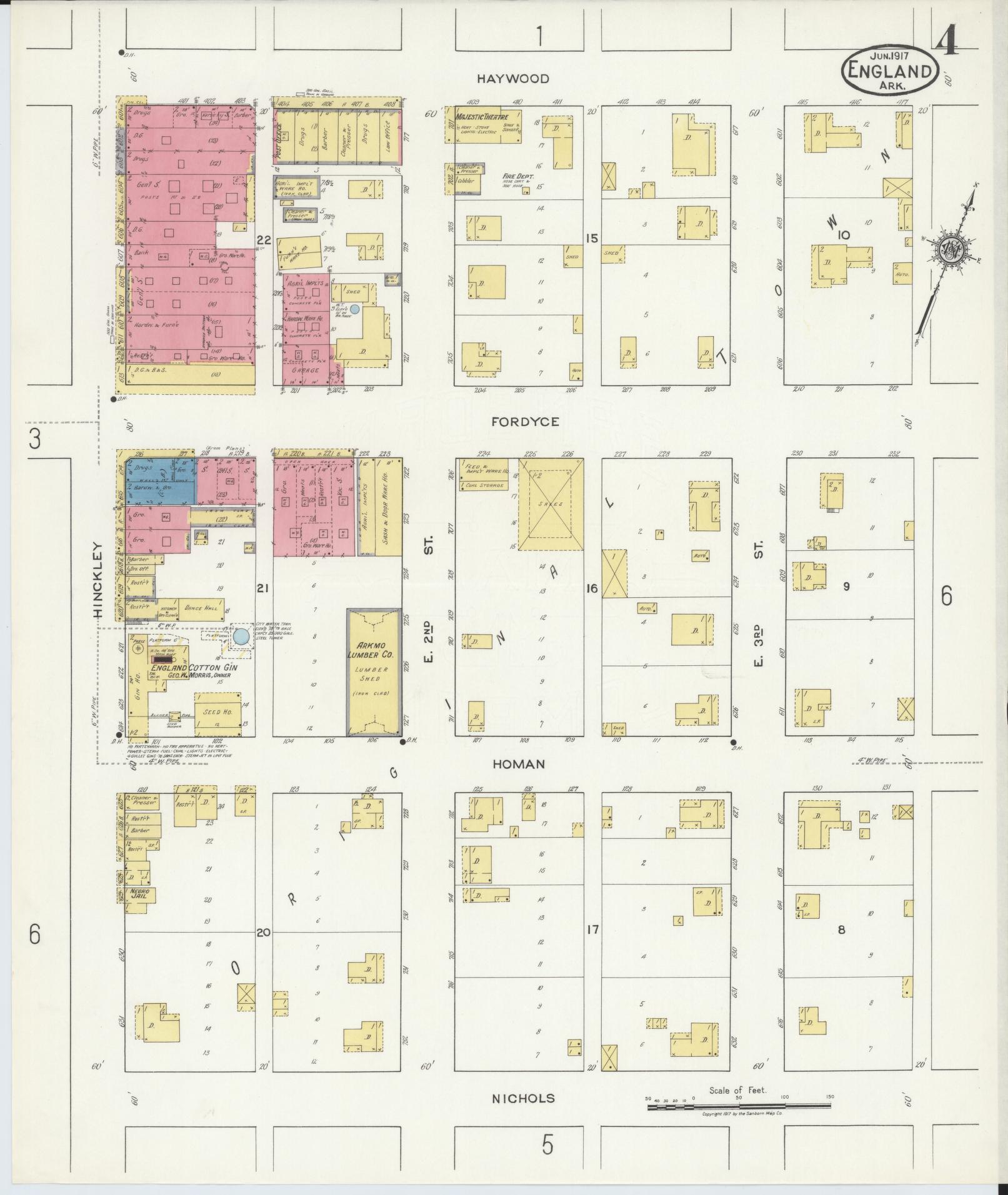 Sanborn Fire Insurance Map from England, Lonoke County, Arkansas (1917), Sheet #0004 - Historic Sanborn Fire Insurance Map Print, vintage old map wall art, antique decor, genealogy gift, Arkansas Arkansas map