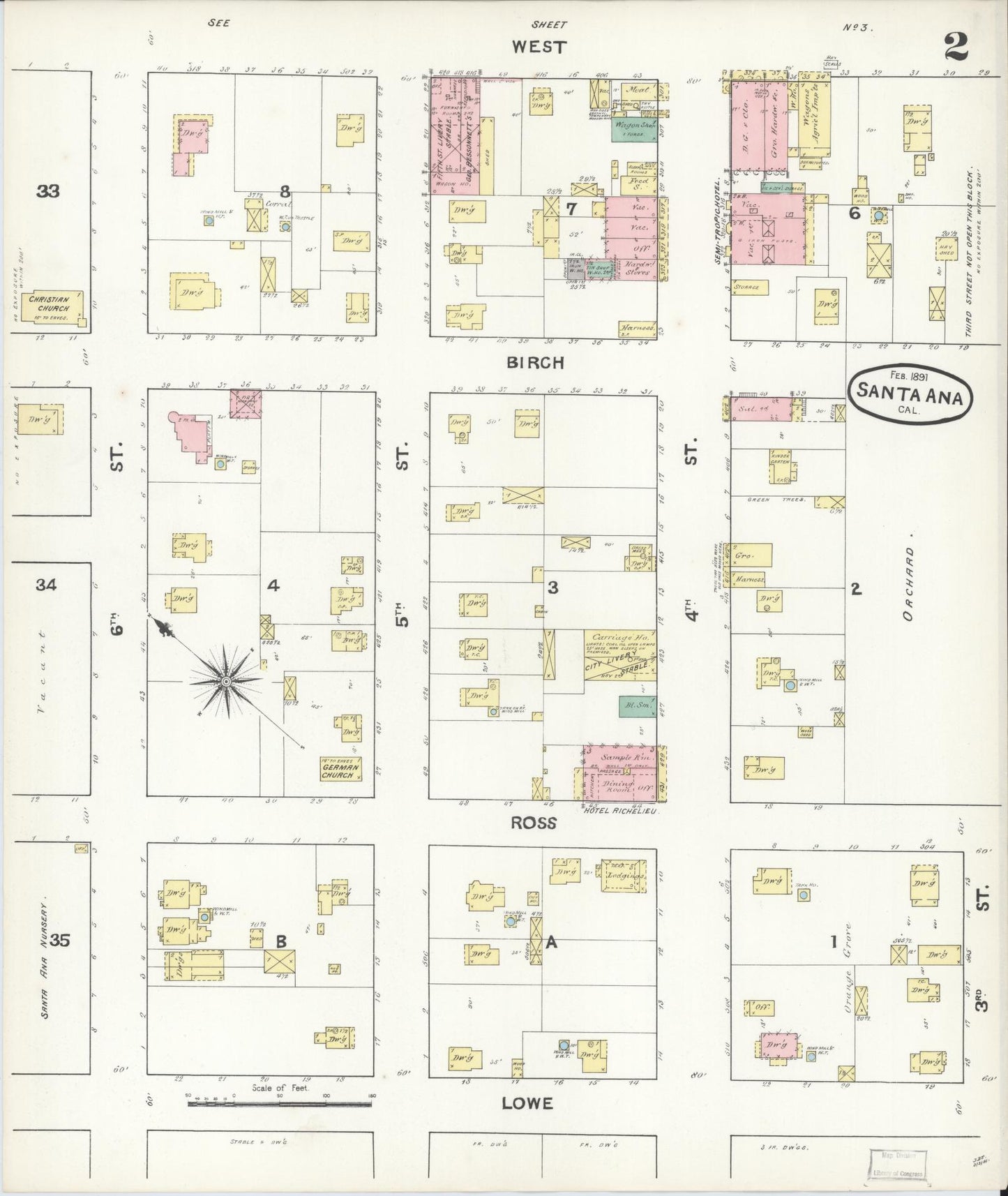 Sanborn Fire Insurance Map from Santa Ana, Orange County, California (1891), Sheet #0002 - Complete Map Set gallery image, historic Sanborn map, vintage wall art, California California