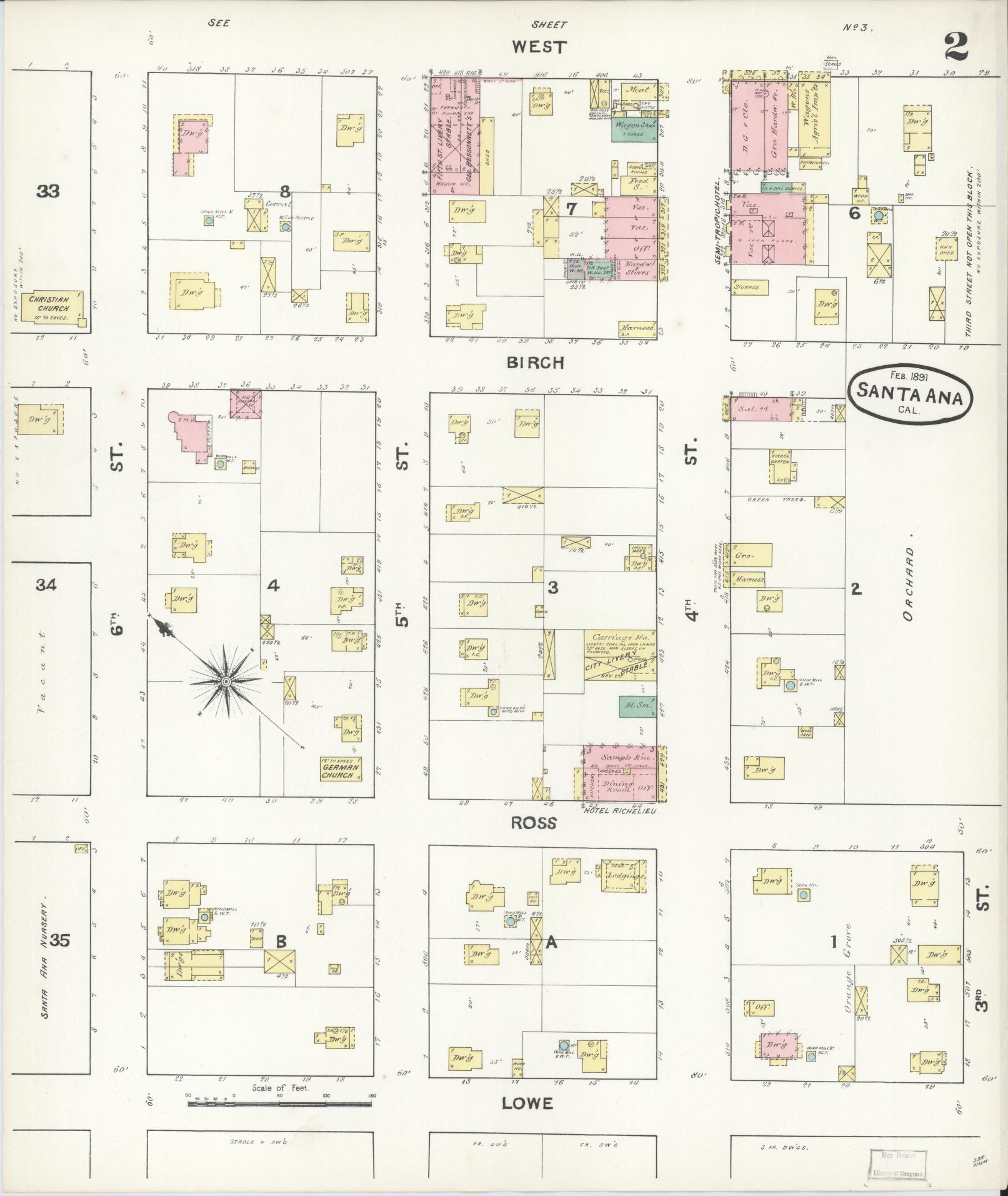 Sanborn Fire Insurance Map from Santa Ana, Orange County, California (1891), Sheet #0002 - Complete Map Set gallery image, historic Sanborn map, vintage wall art, California California