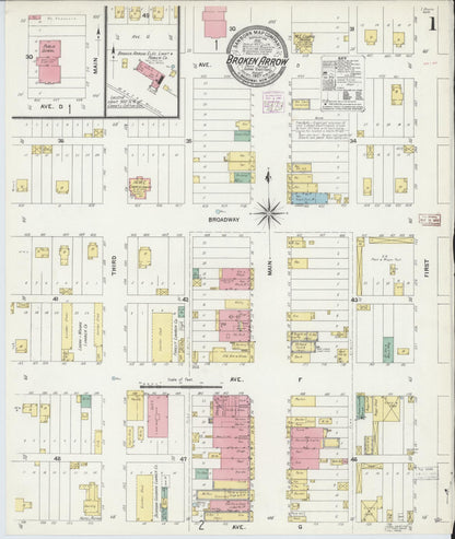 Sanborn Fire Insurance Map from Broken Arrow, Tulsa County, Oklahoma (1907), Sheet #0001 - Complete Map Set gallery image, historic Sanborn map, vintage wall art, Oklahoma Oklahoma